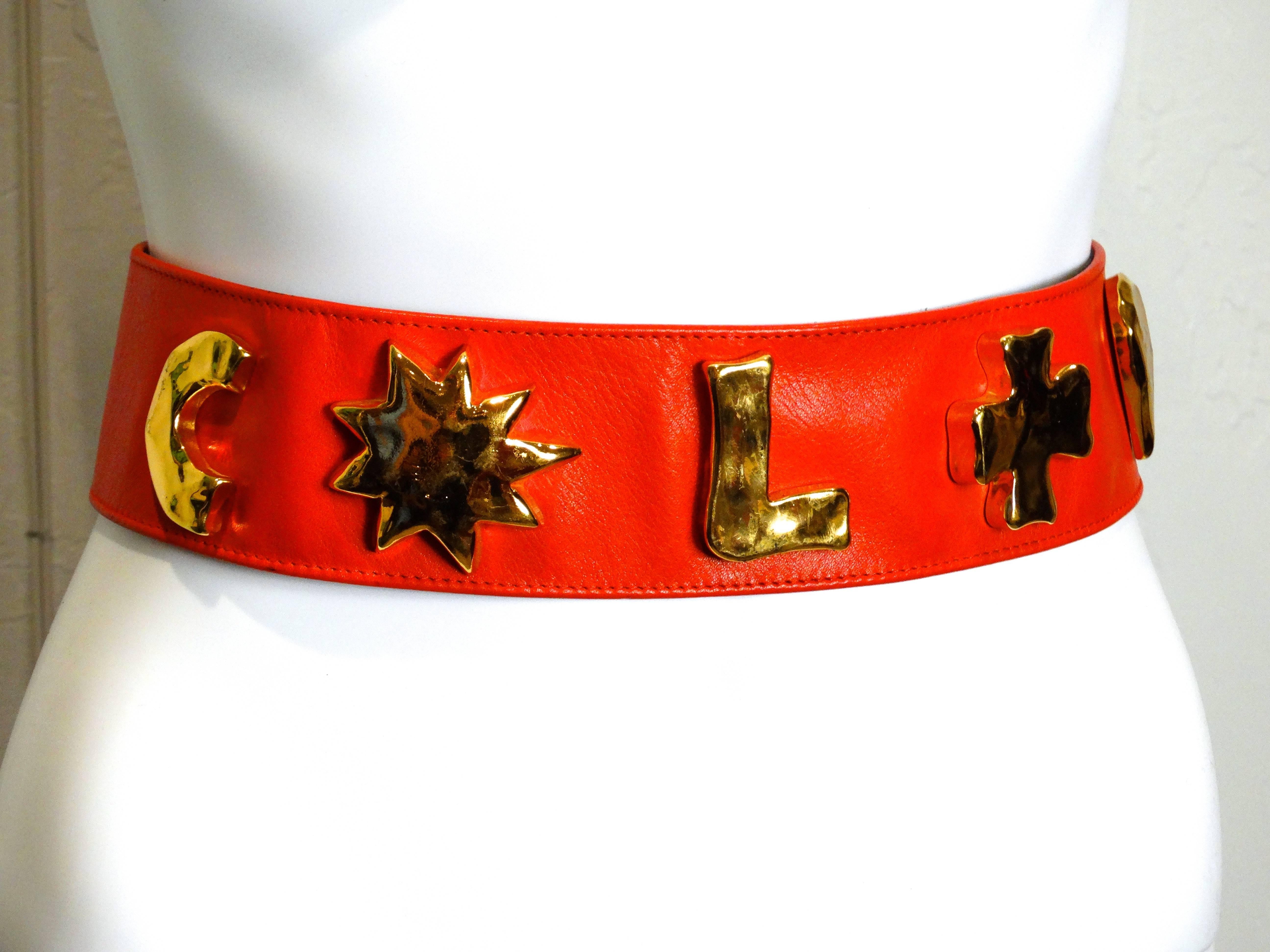 1990s Christian Lacroix Wide Red Iconic Gold Symbol Belt  In Excellent Condition In Scottsdale, AZ