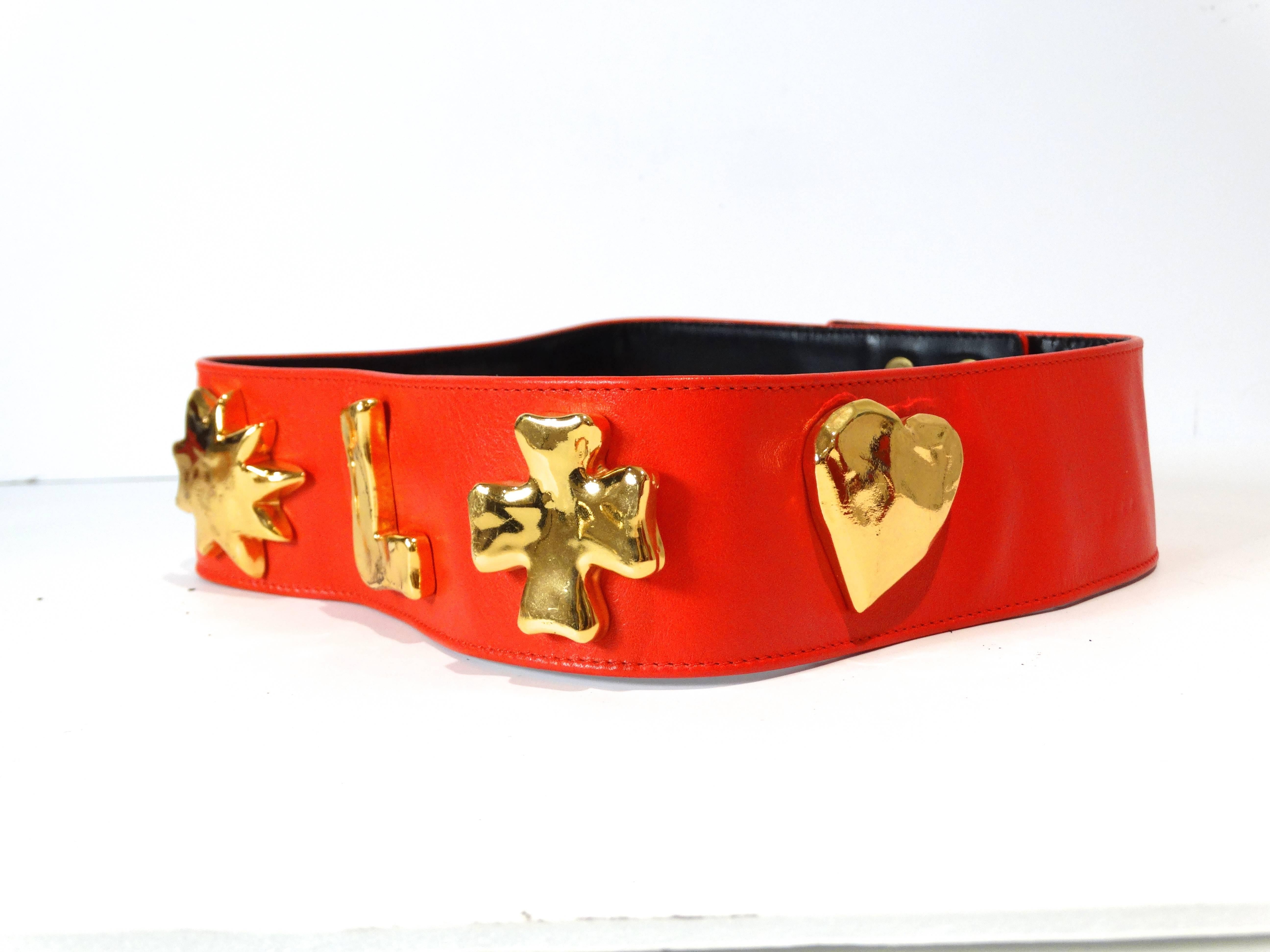 Women's 1990s Christian Lacroix Wide Red Iconic Gold Symbol Belt 