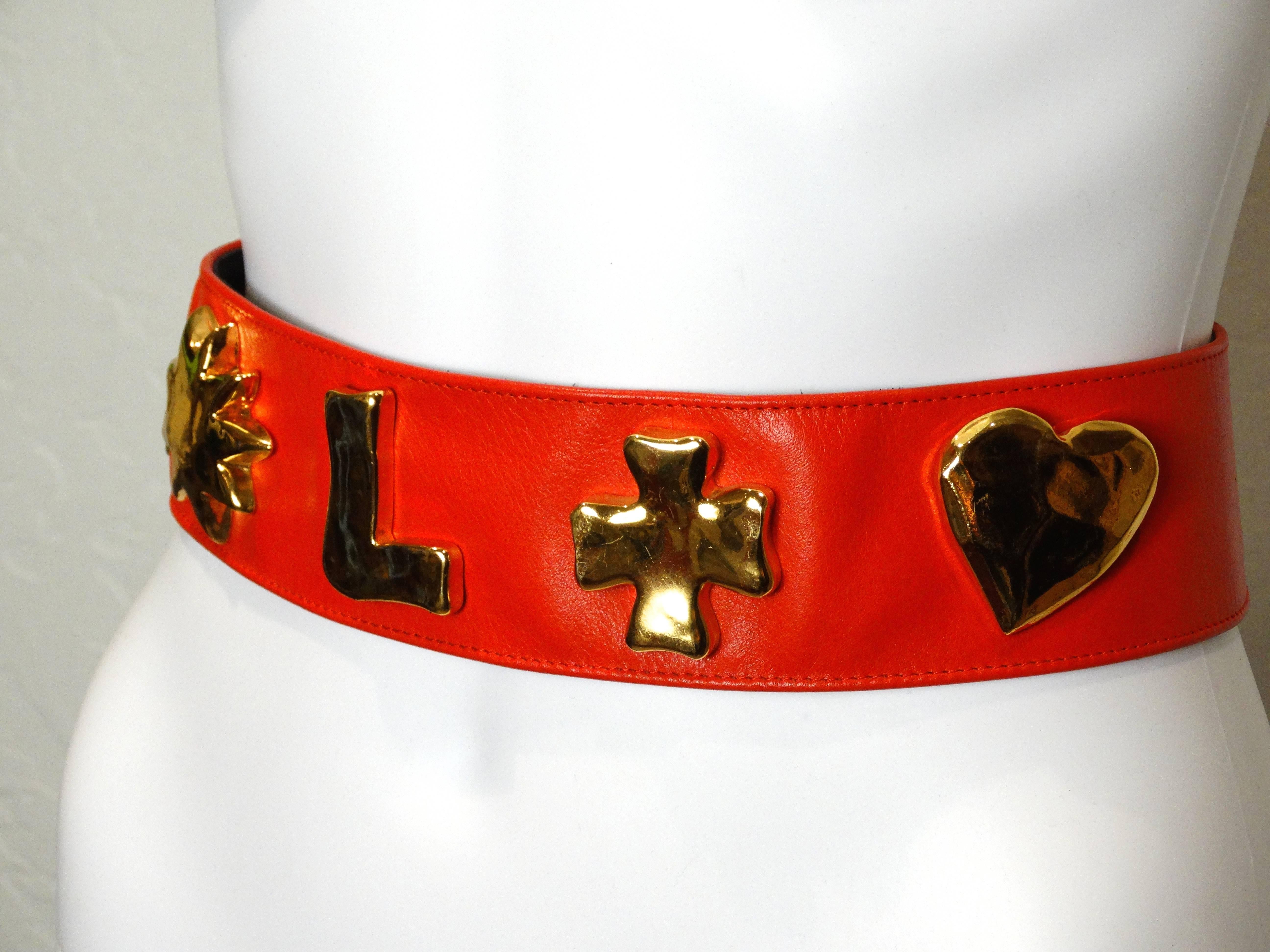 1990s Christian Lacroix Wide Red Iconic Gold Symbol Belt  1