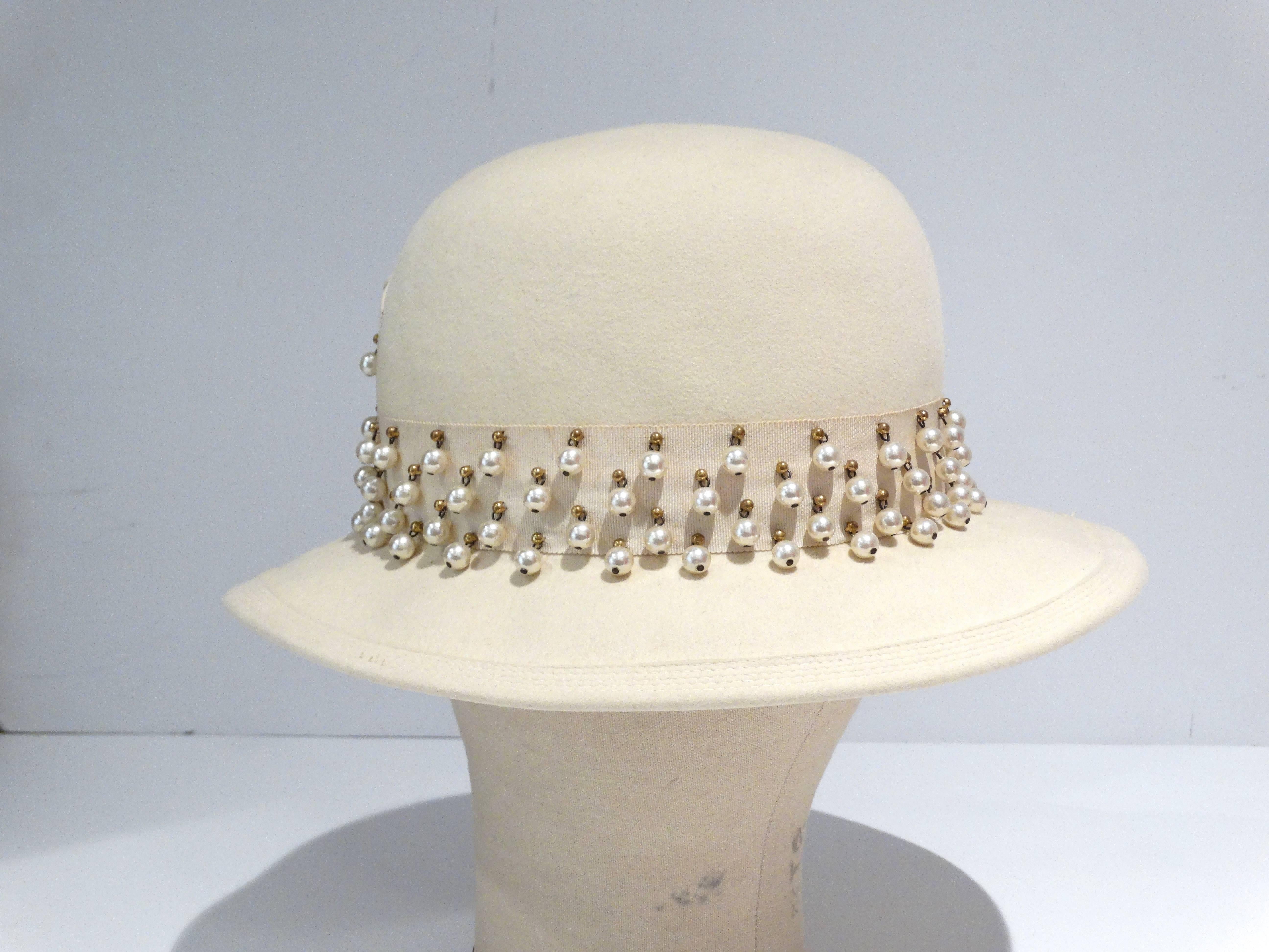 Women's 1970s Yves Saint Laurent Hat with Pearl and Stud Trim 