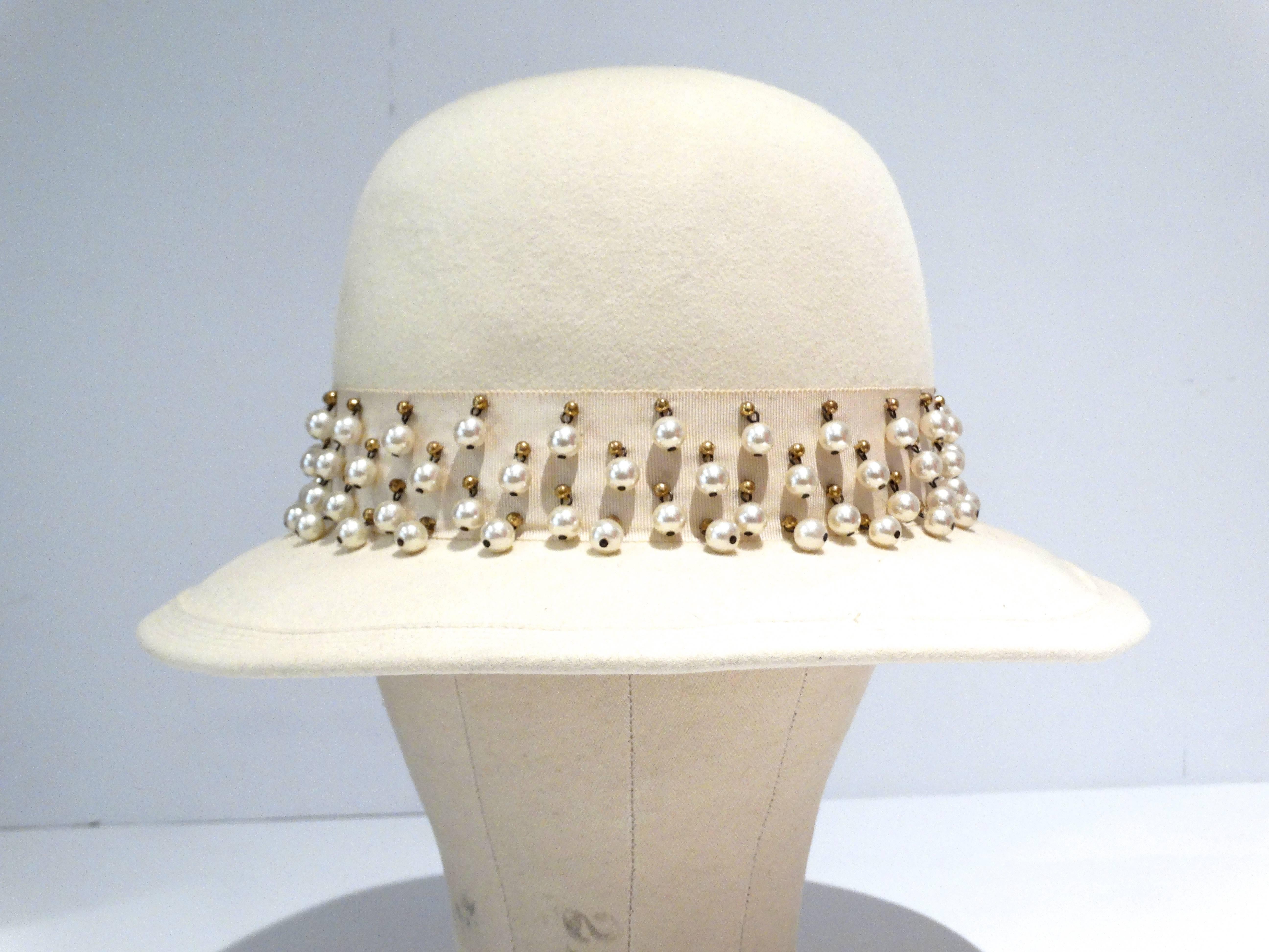 Beige 1970s Yves Saint Laurent Hat with Pearl and Stud Trim 