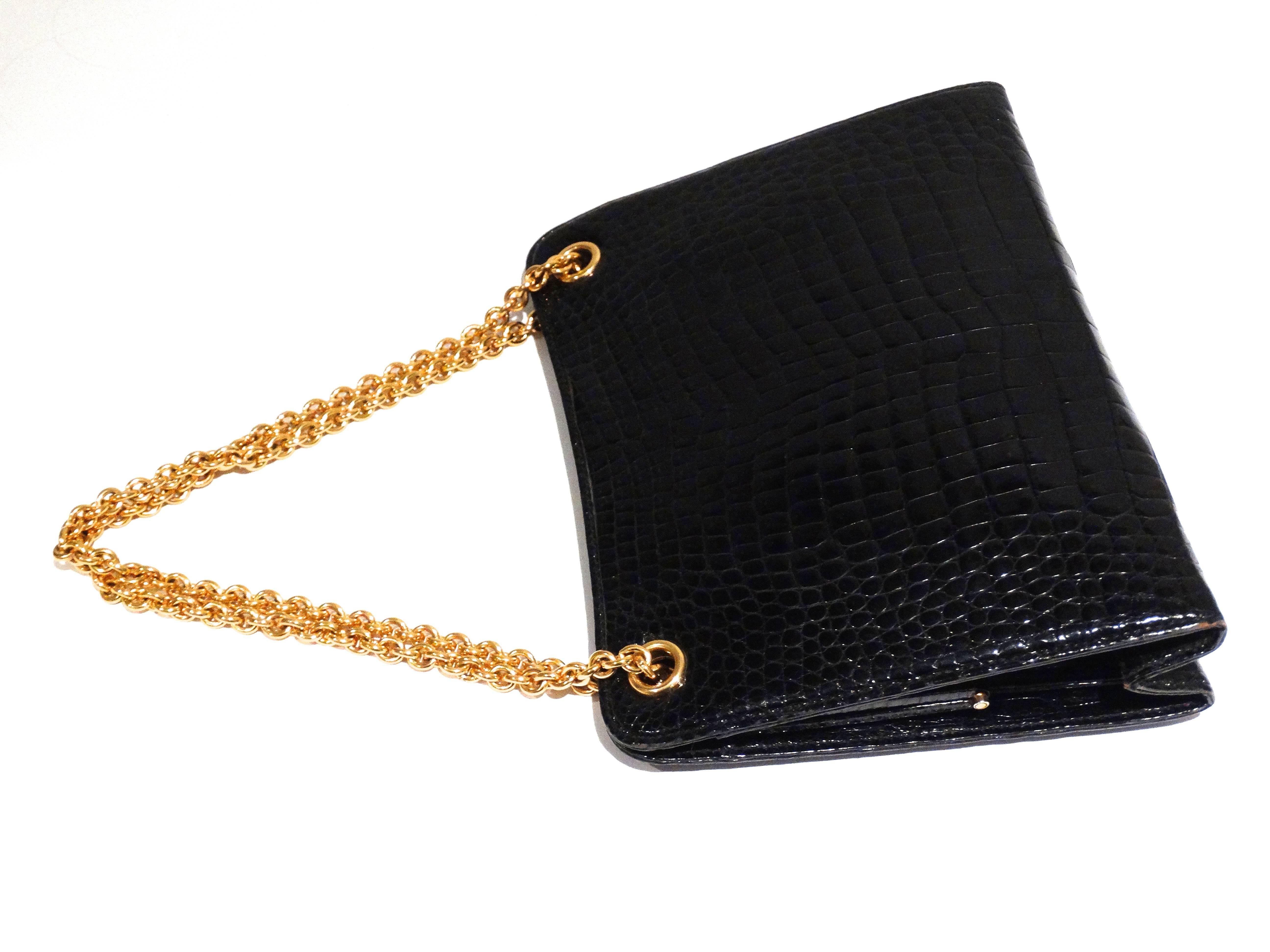 Rare 1950s Gucci Black Crocodile Handbag  In Excellent Condition In Scottsdale, AZ