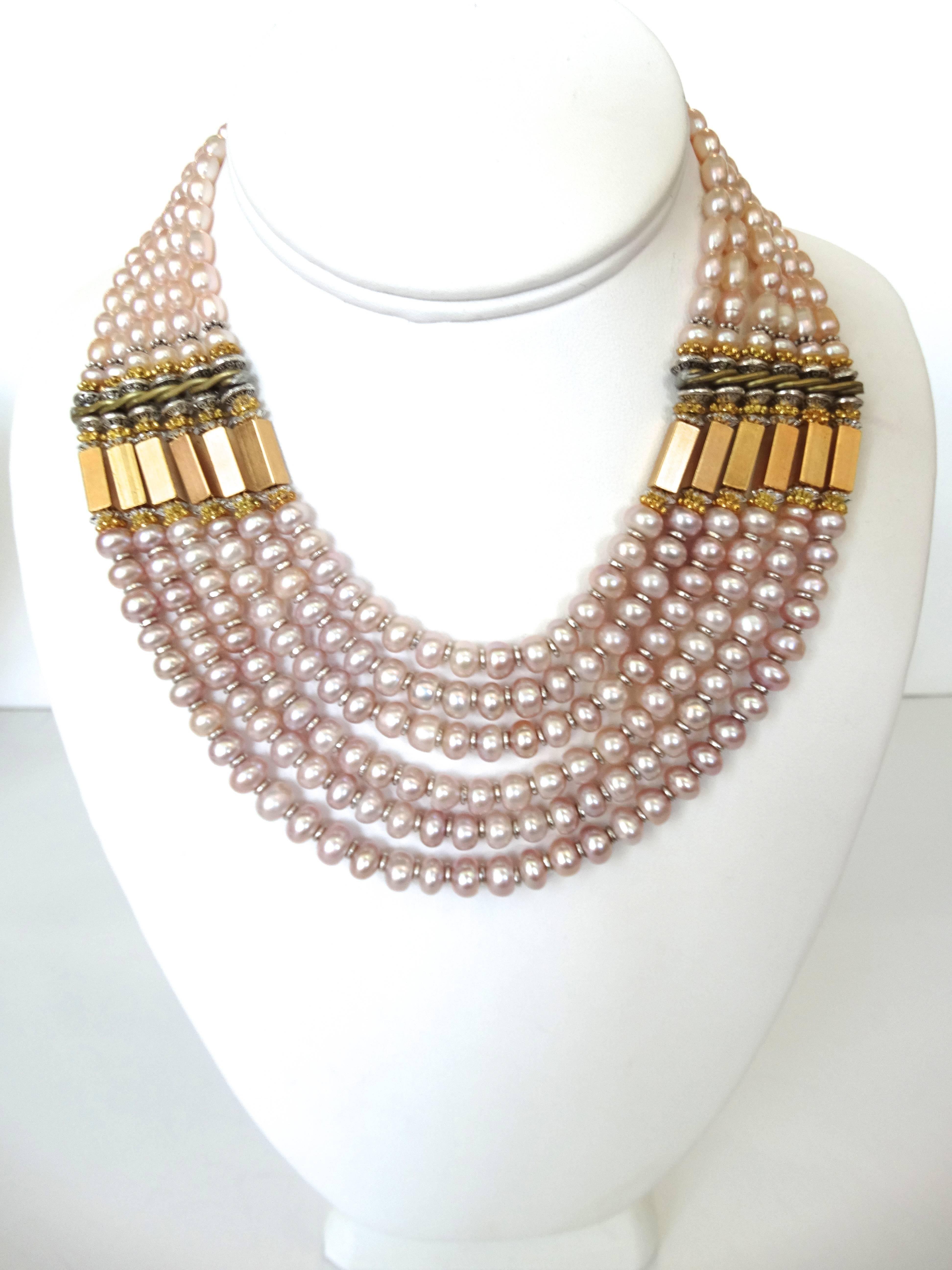 Masha Archer 6 Strand Rose Pearl Collar Necklace In New Condition In Scottsdale, AZ