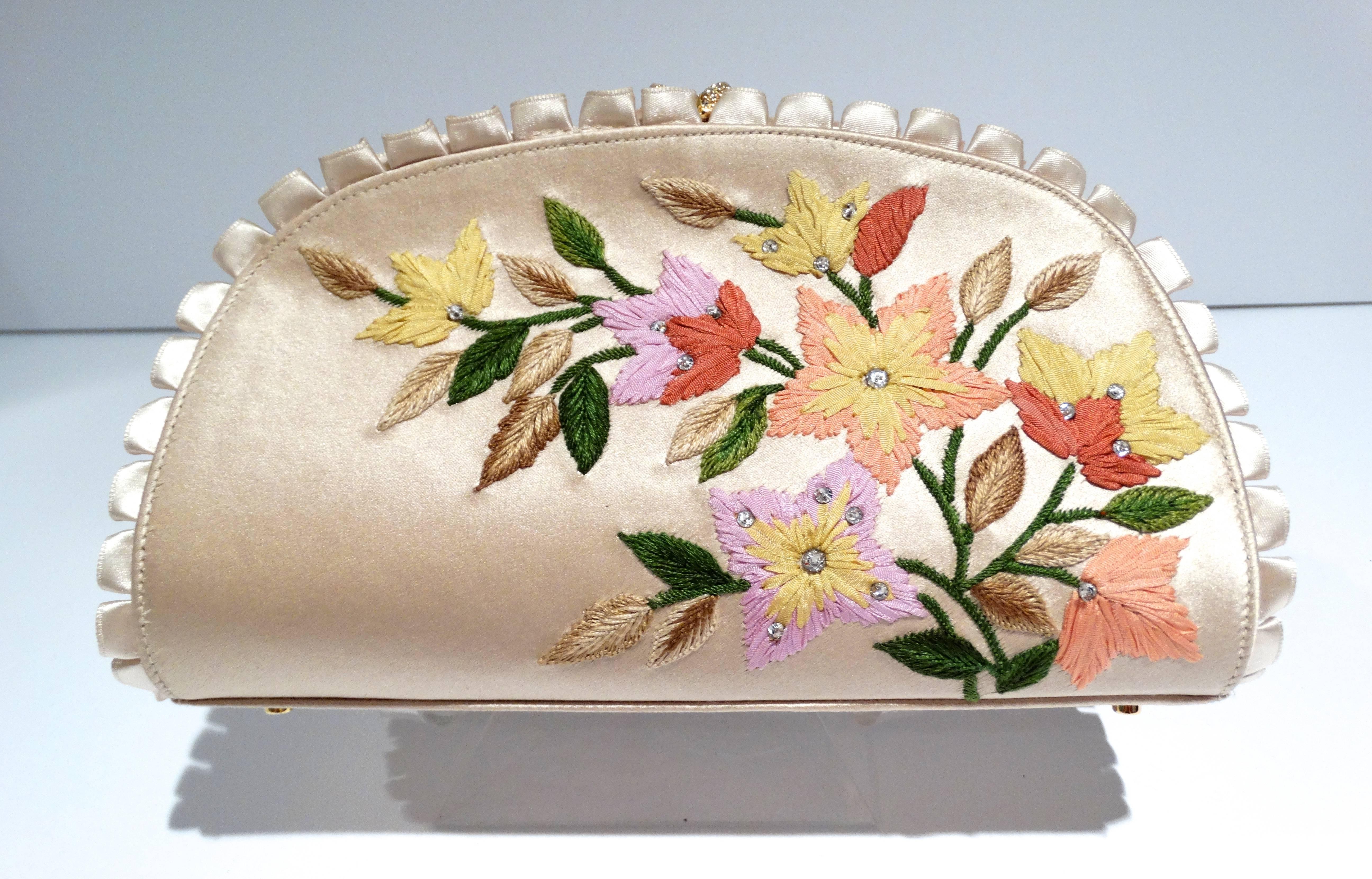 Judith Leiber Floral Embroidered Silk Clutch, 1990s   In New Condition In Scottsdale, AZ