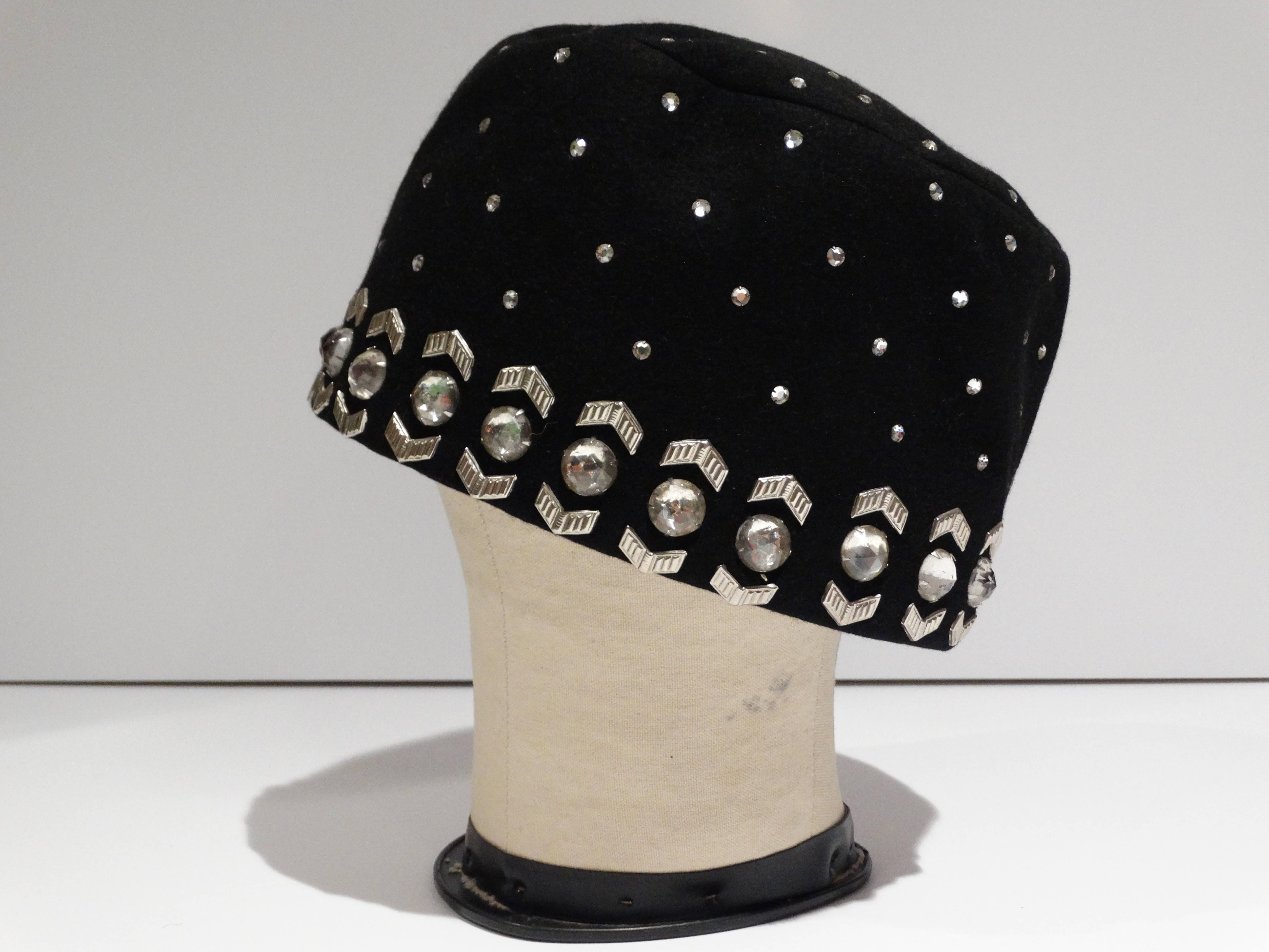 Women's 1960s Yves Saint Laurent  Black Felt Hat with Rhinestones
