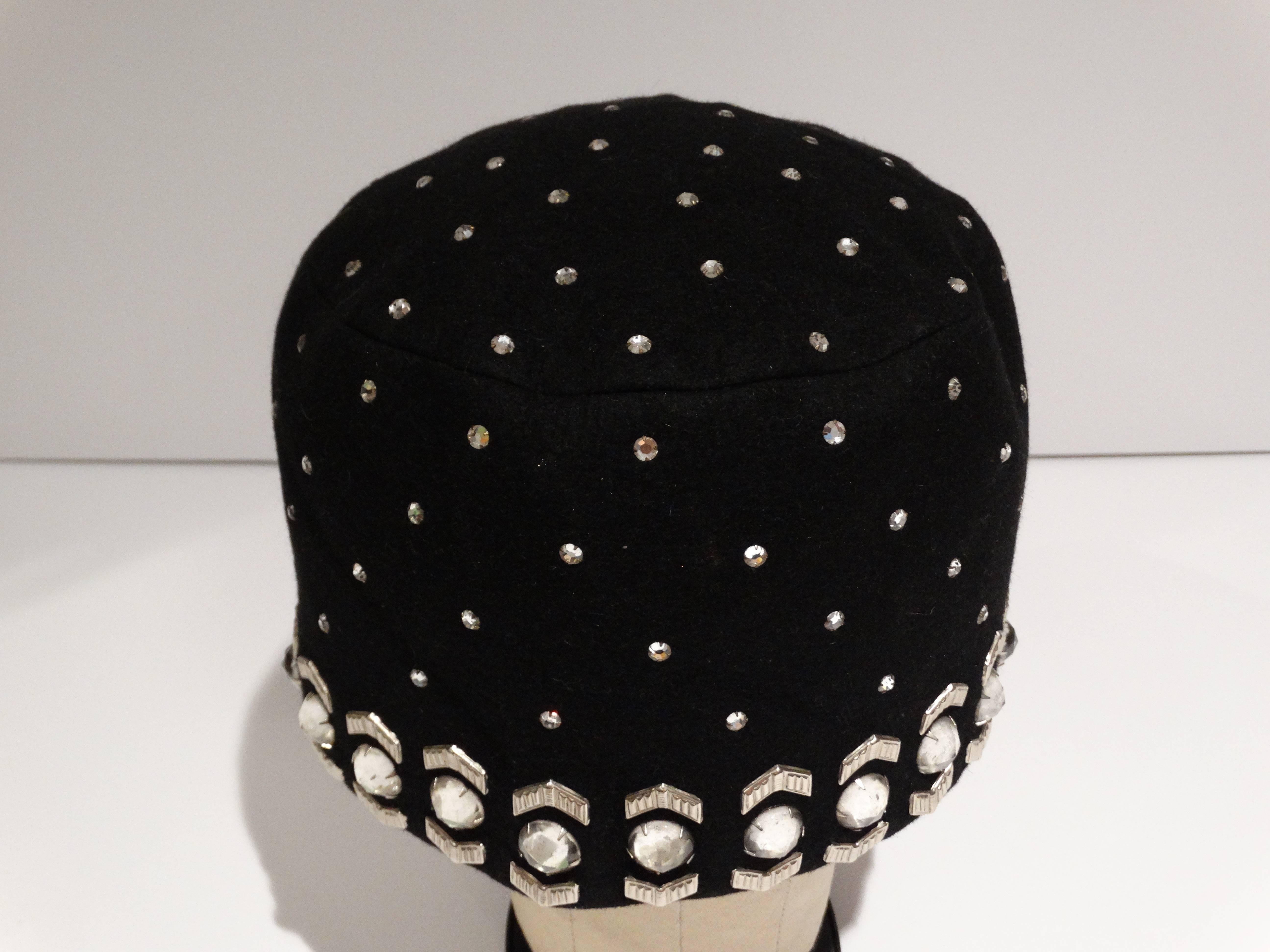 1960s Yves Saint Laurent  Black Felt Hat with Rhinestones 2