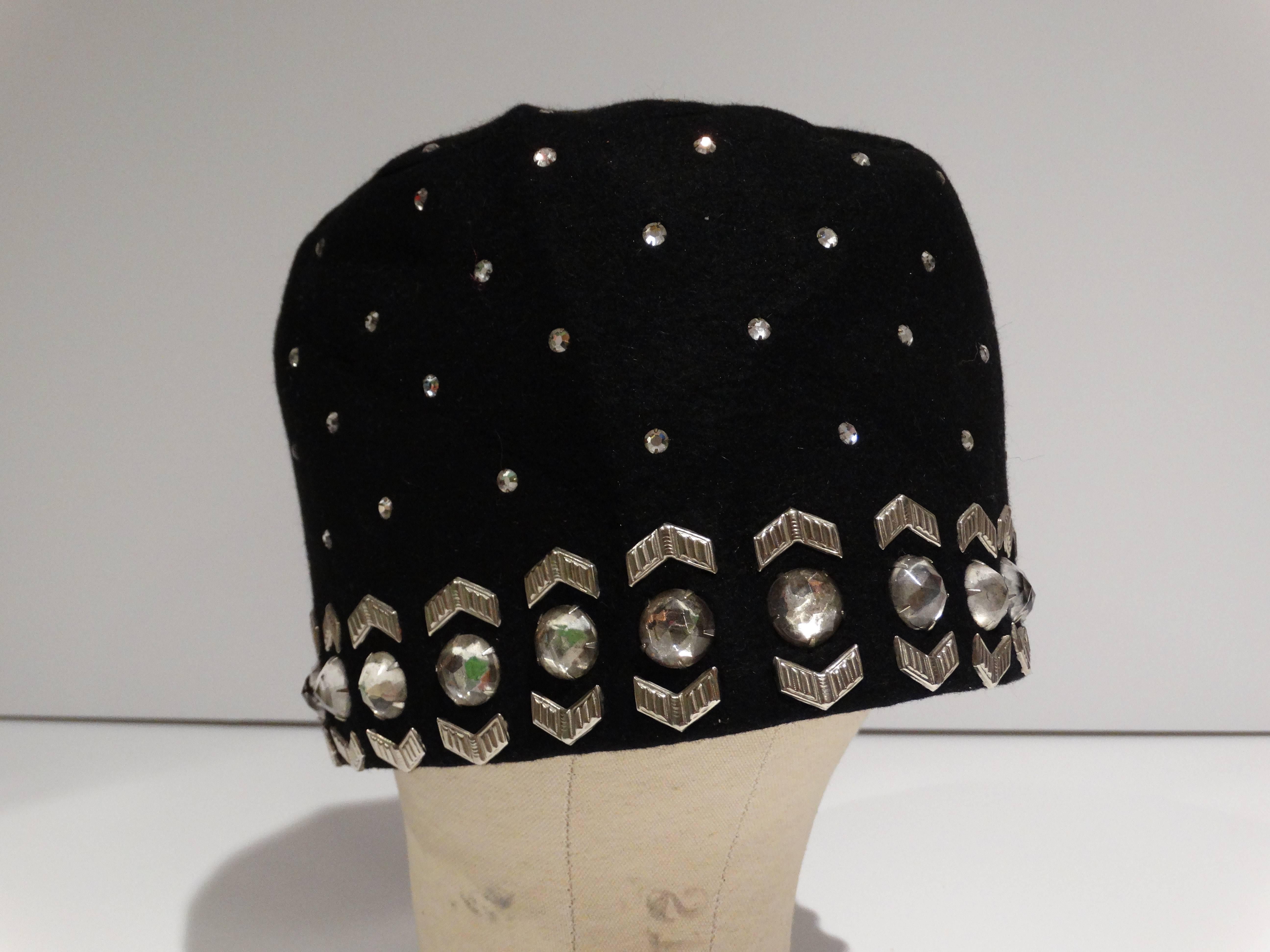 1960s Yves Saint Laurent  Black Felt Hat with Rhinestones 4