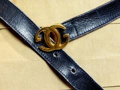 1970s Gucci Navy Blue Leather Belt with  Gold "GG" Buckle