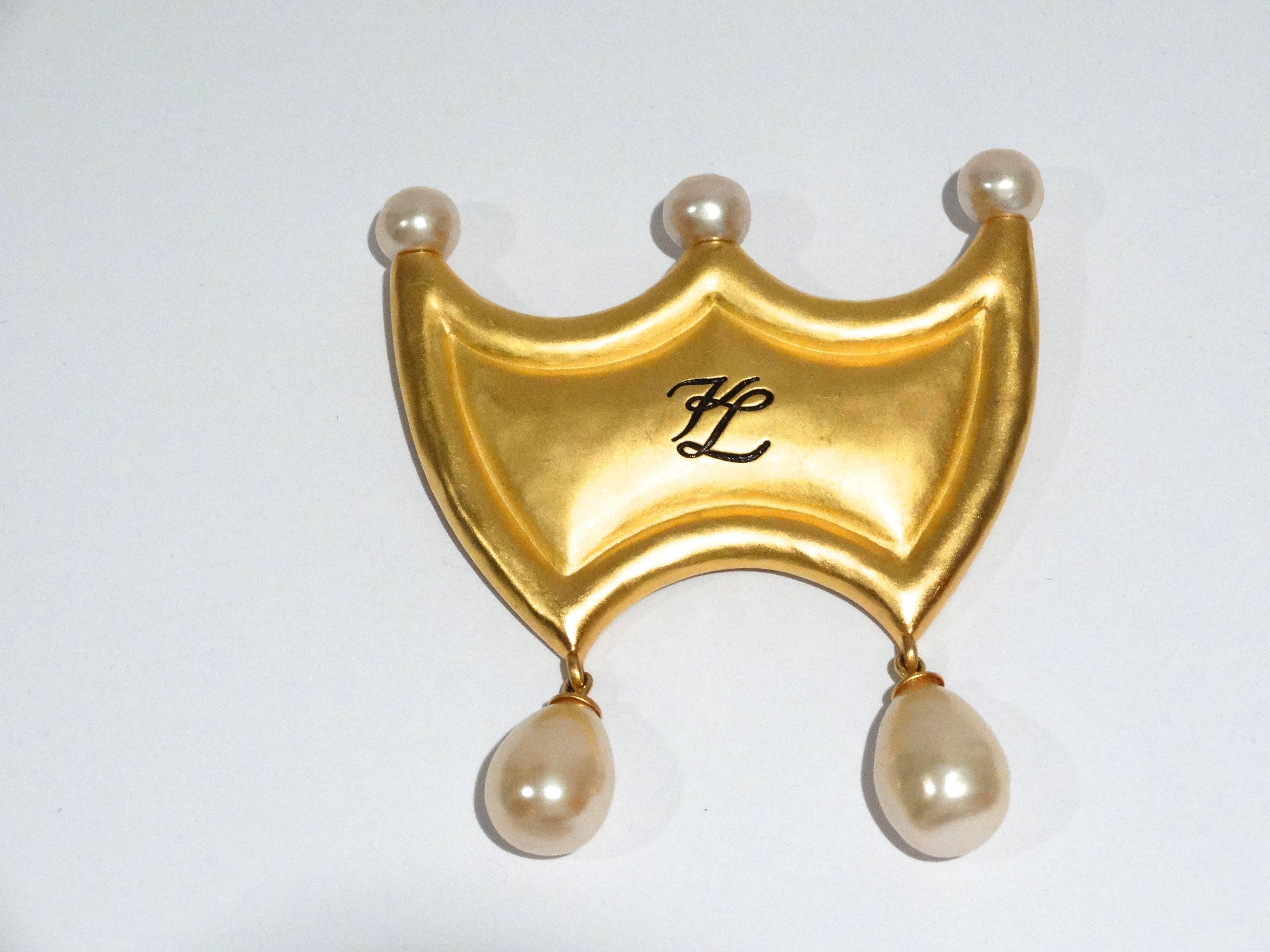 1980s Karl Lagerfeld Crown Brooch with Pearls In Excellent Condition In Scottsdale, AZ