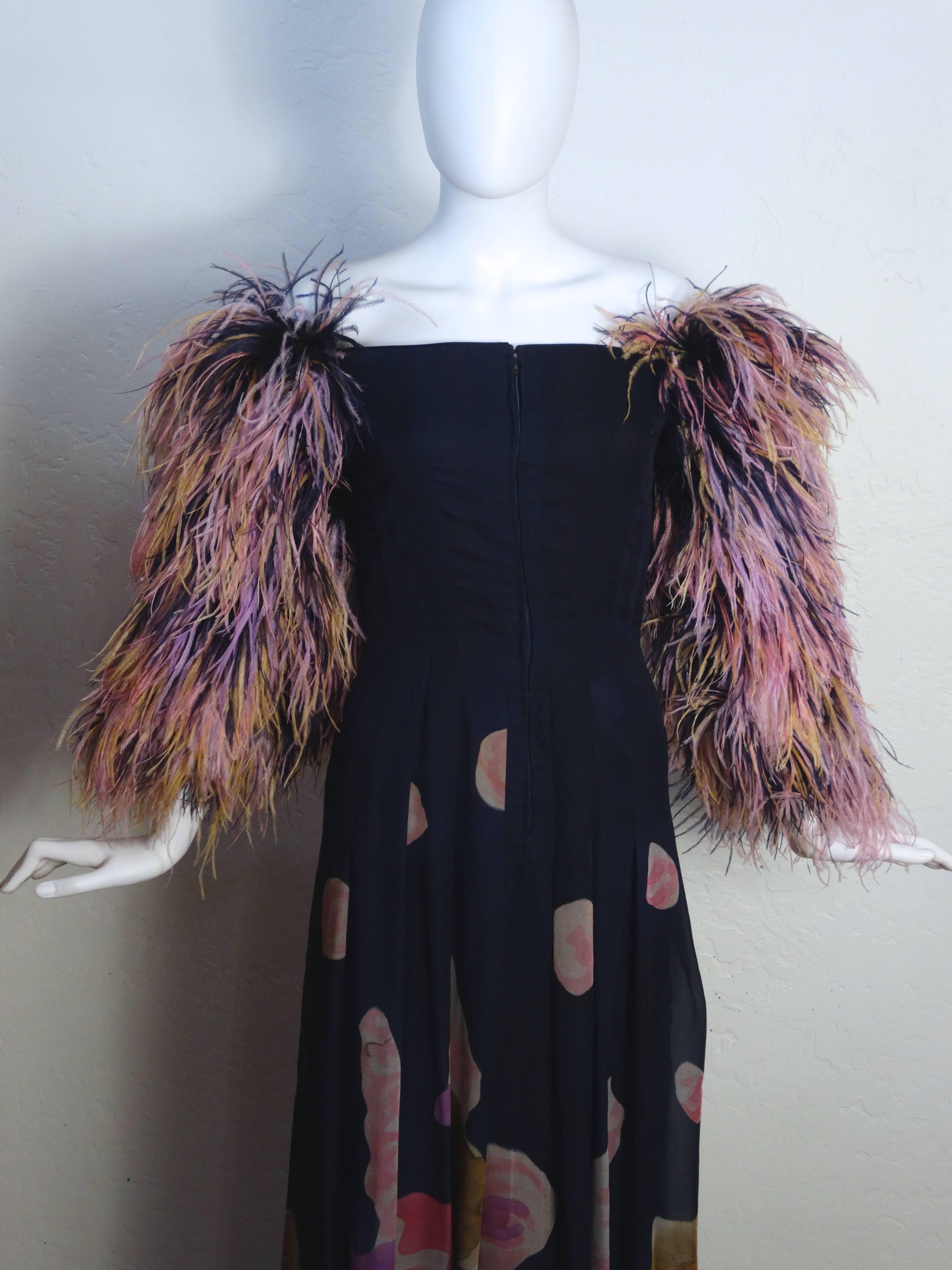 Black 1980s Hanae Mori Hand Painted Maxi Dress with Dramatic Feathered Sleeves