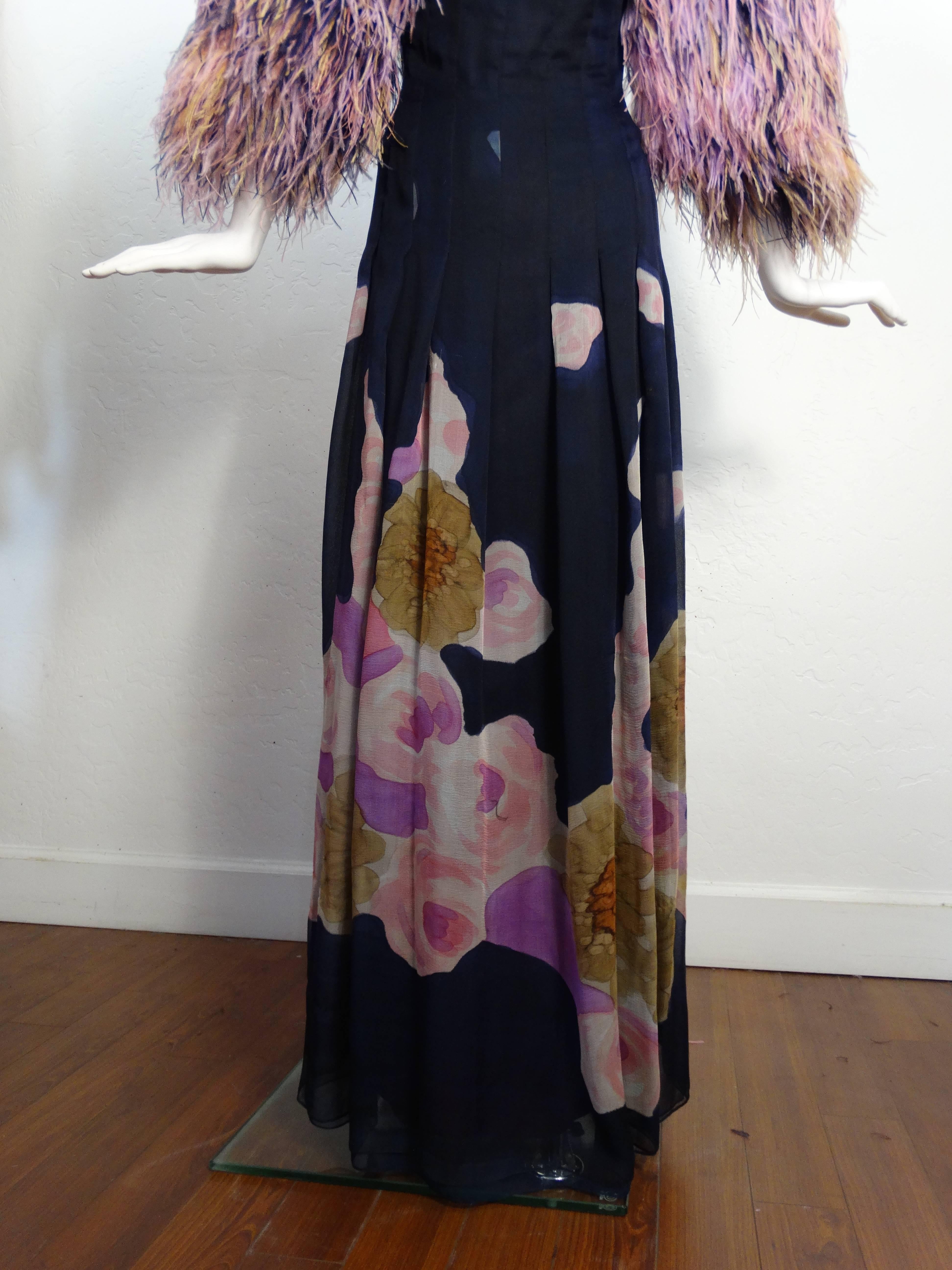1980s Hanae Mori Hand Painted Maxi Dress with Dramatic Feathered Sleeves 1