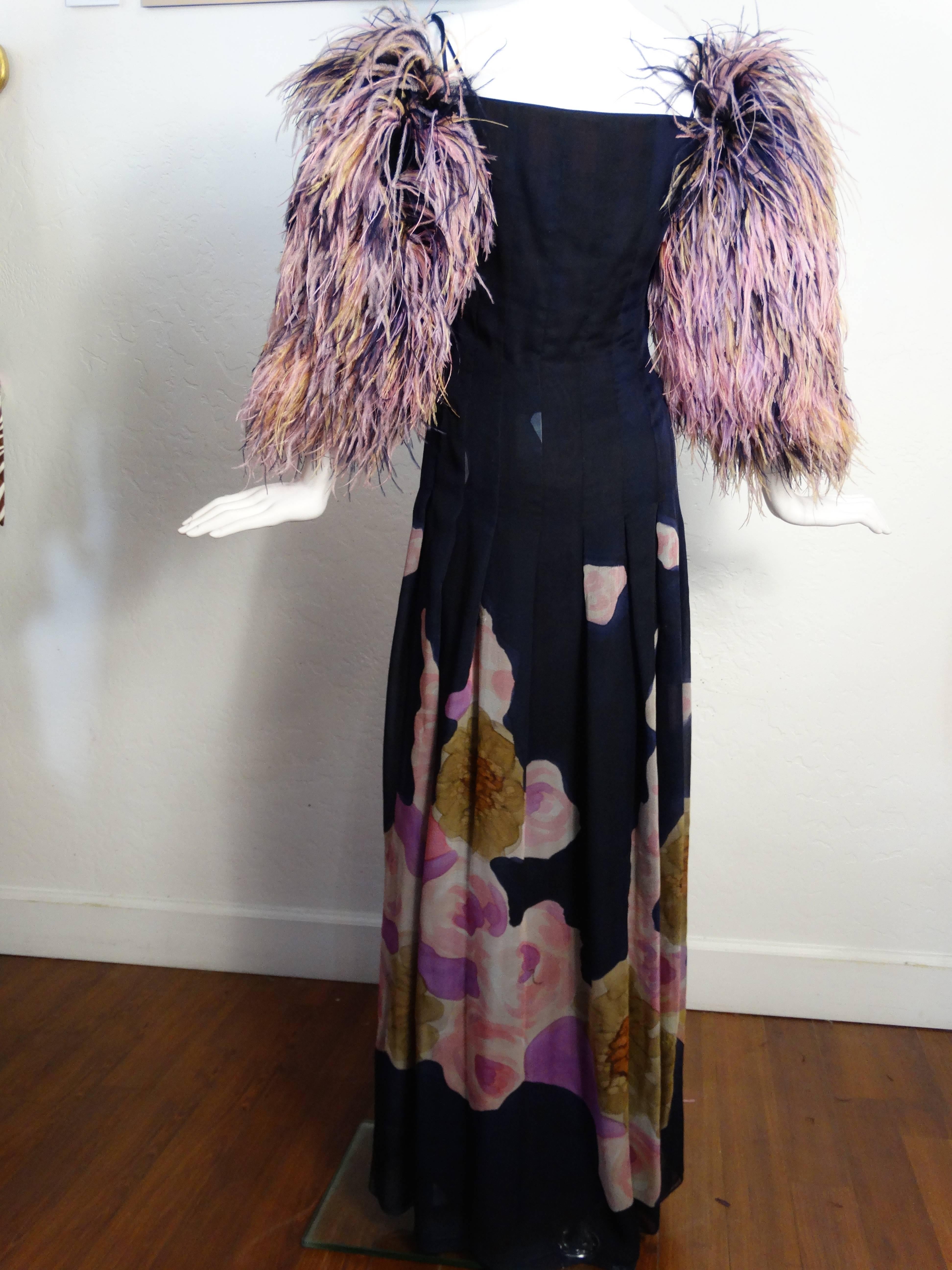 1980s Hanae Mori Hand Painted Maxi Dress with Dramatic Feathered Sleeves In Good Condition In Scottsdale, AZ