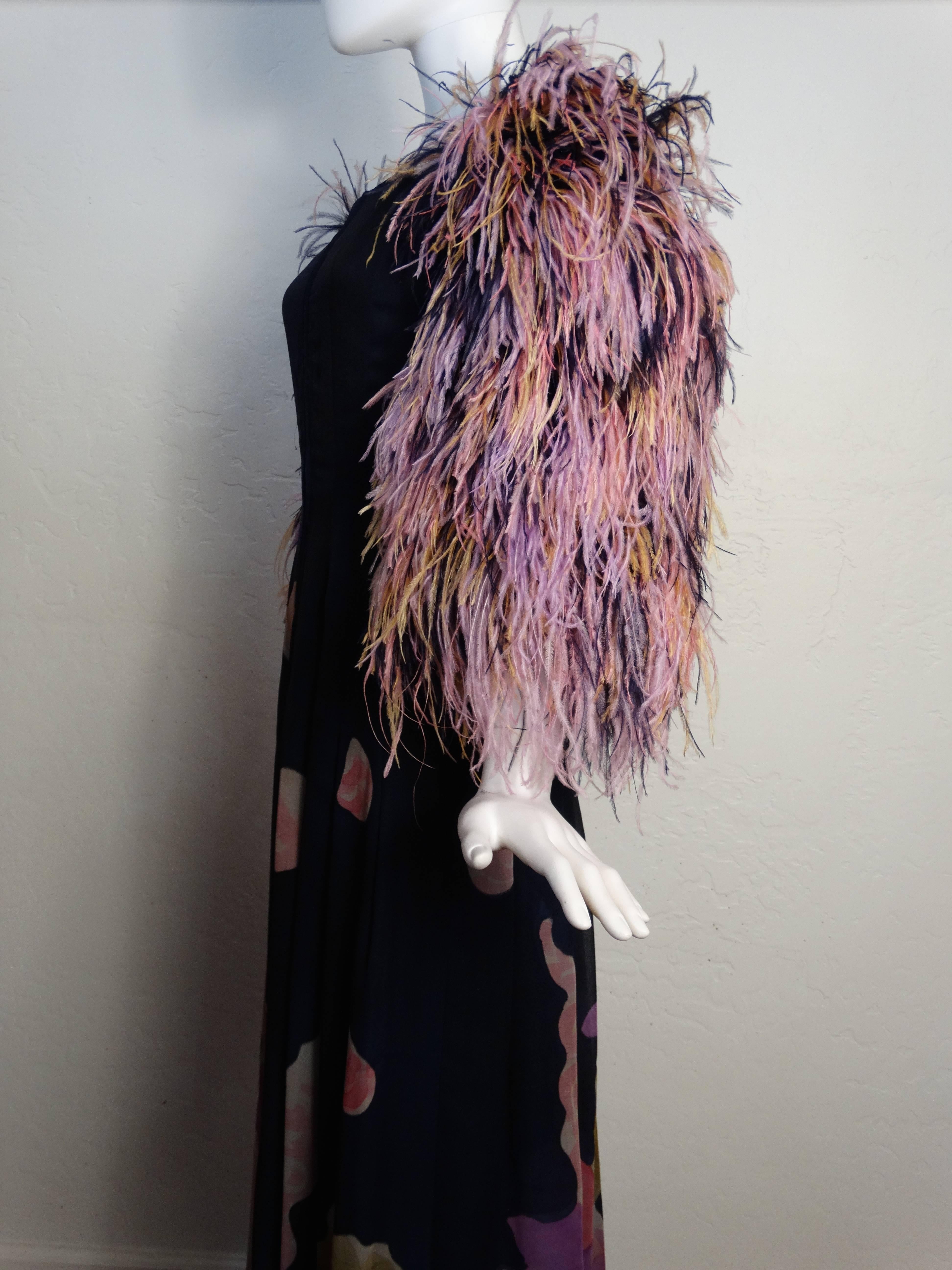 Women's 1980s Hanae Mori Hand Painted Maxi Dress with Dramatic Feathered Sleeves