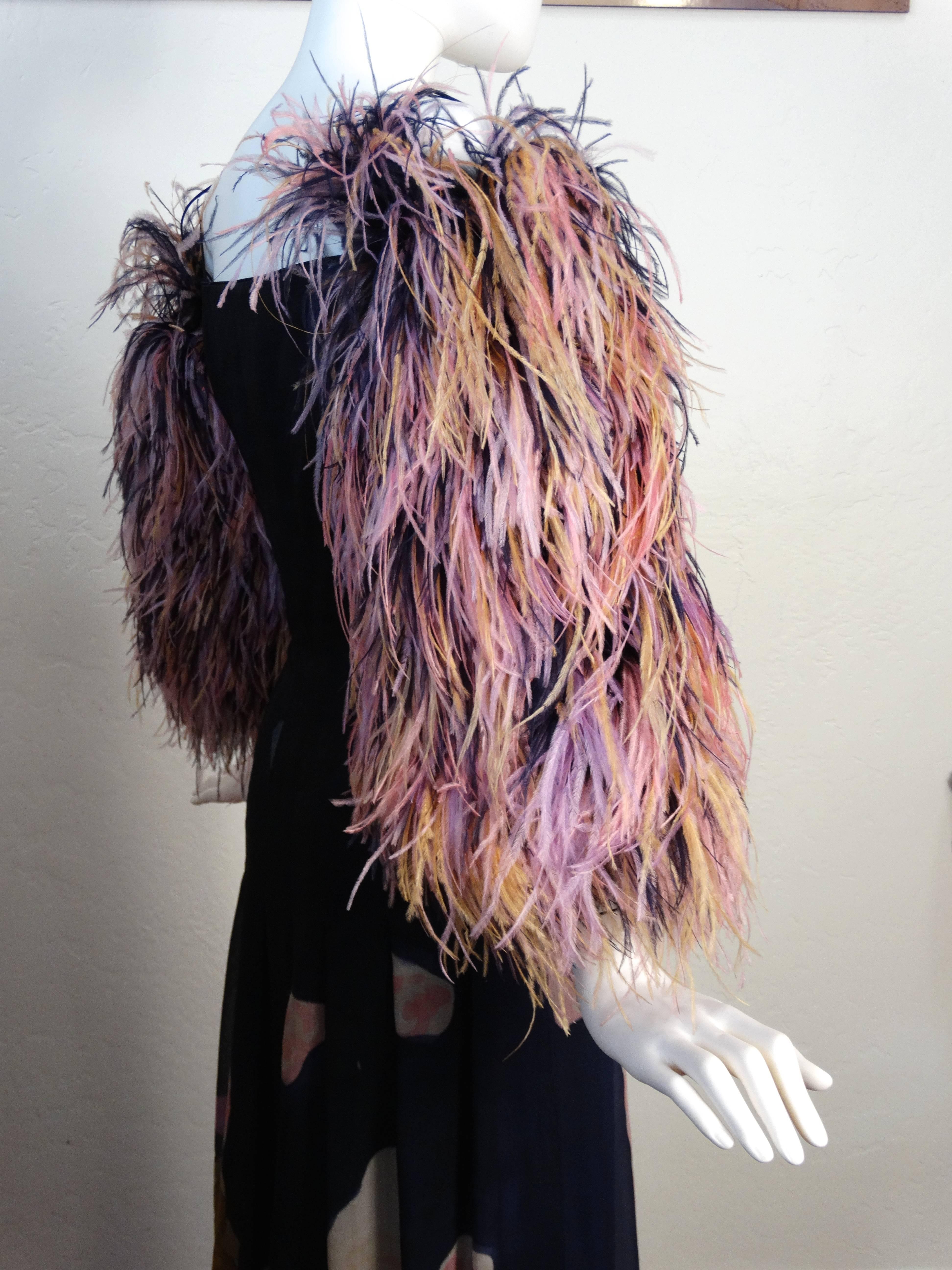 1980s Hanae Mori Hand Painted Maxi Dress with Dramatic Feathered Sleeves 2