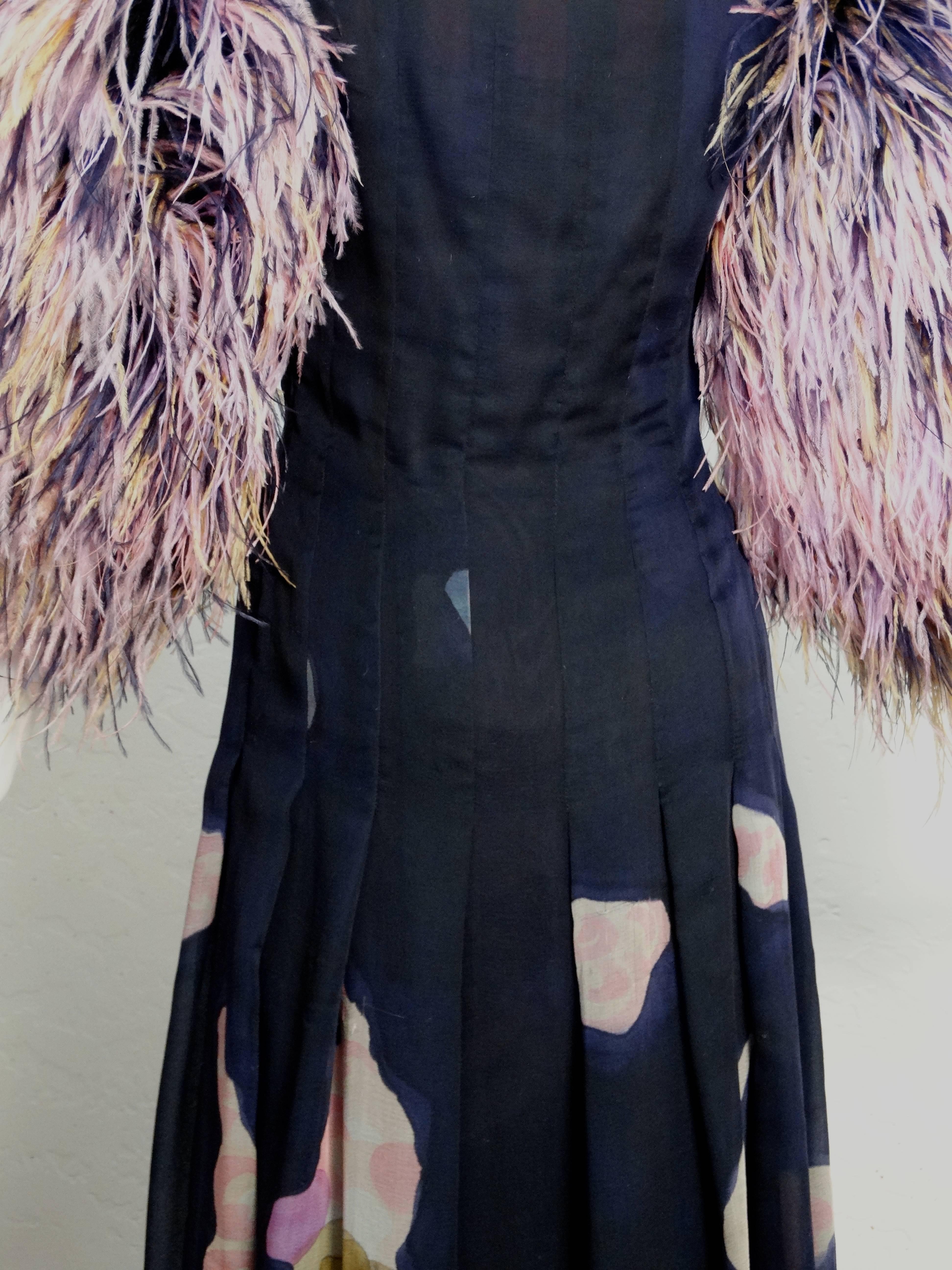1980s Hanae Mori Hand Painted Maxi Dress with Dramatic Feathered Sleeves 3