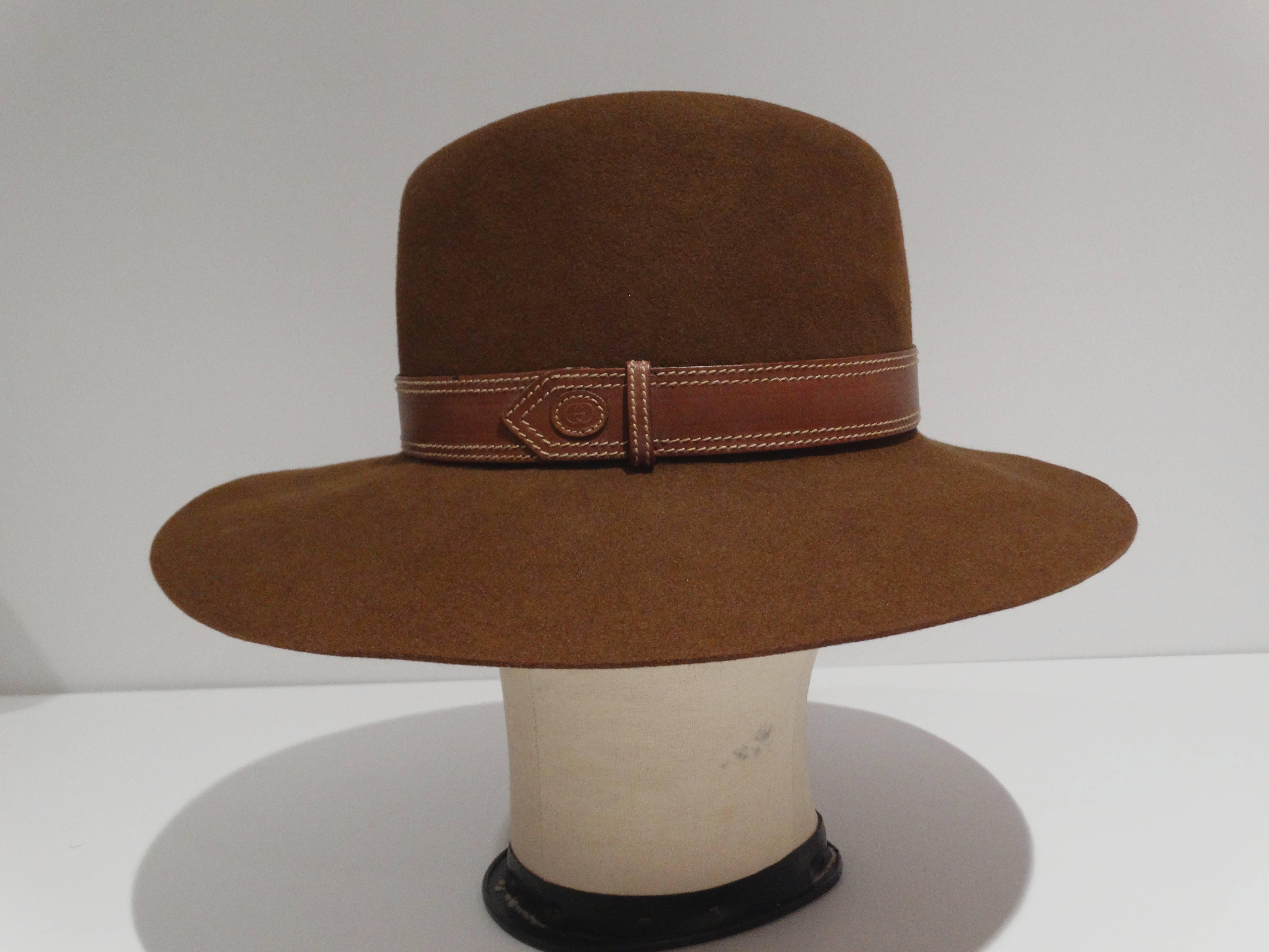 Women's Rare 1970s Gucci G Tobacco Felt Wide Brim Hat 