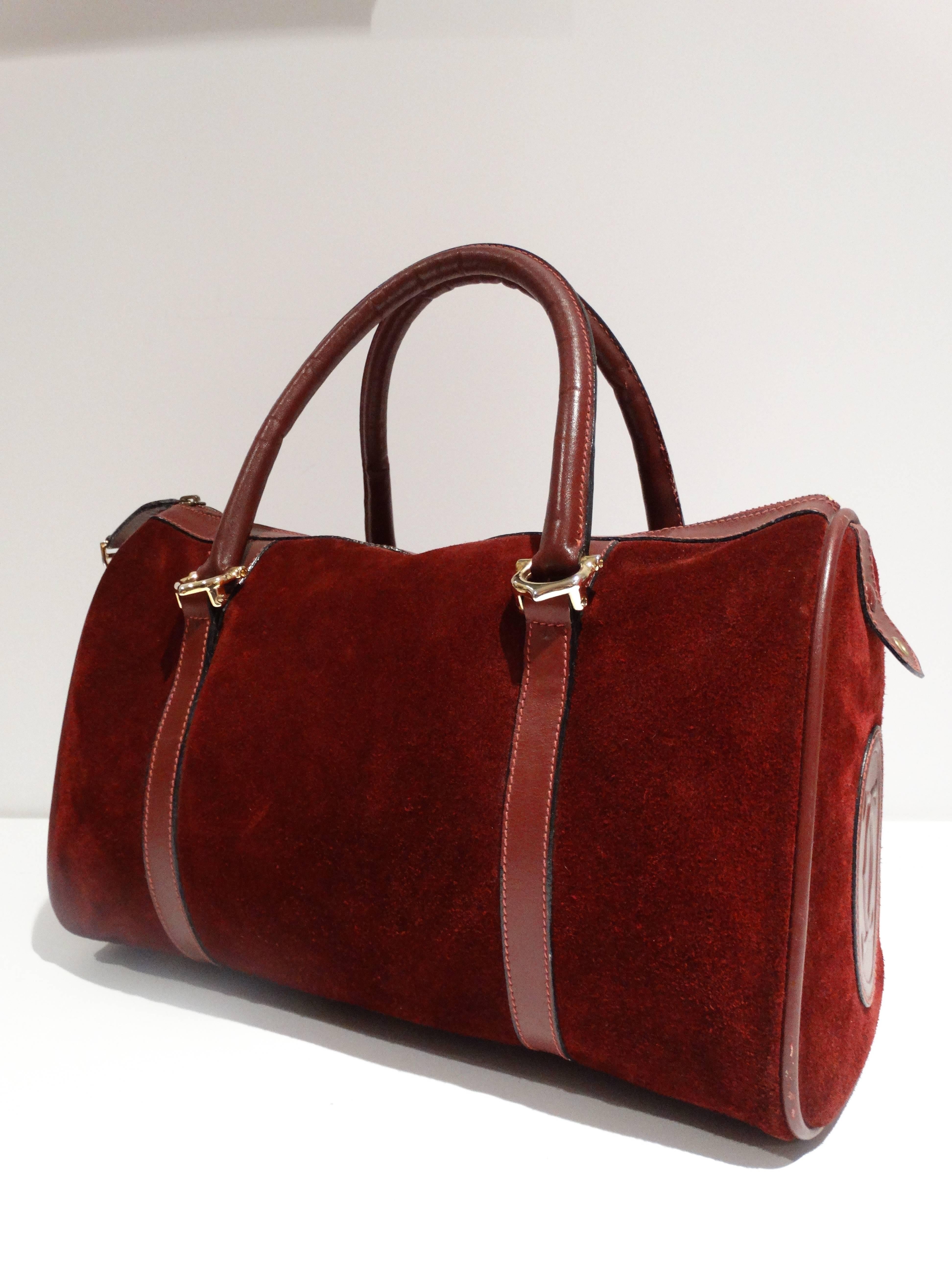 Cartier Les Must de Cartier Bordeaux Suede Leather Boston Hand Bag In Excellent Condition In Scottsdale, AZ