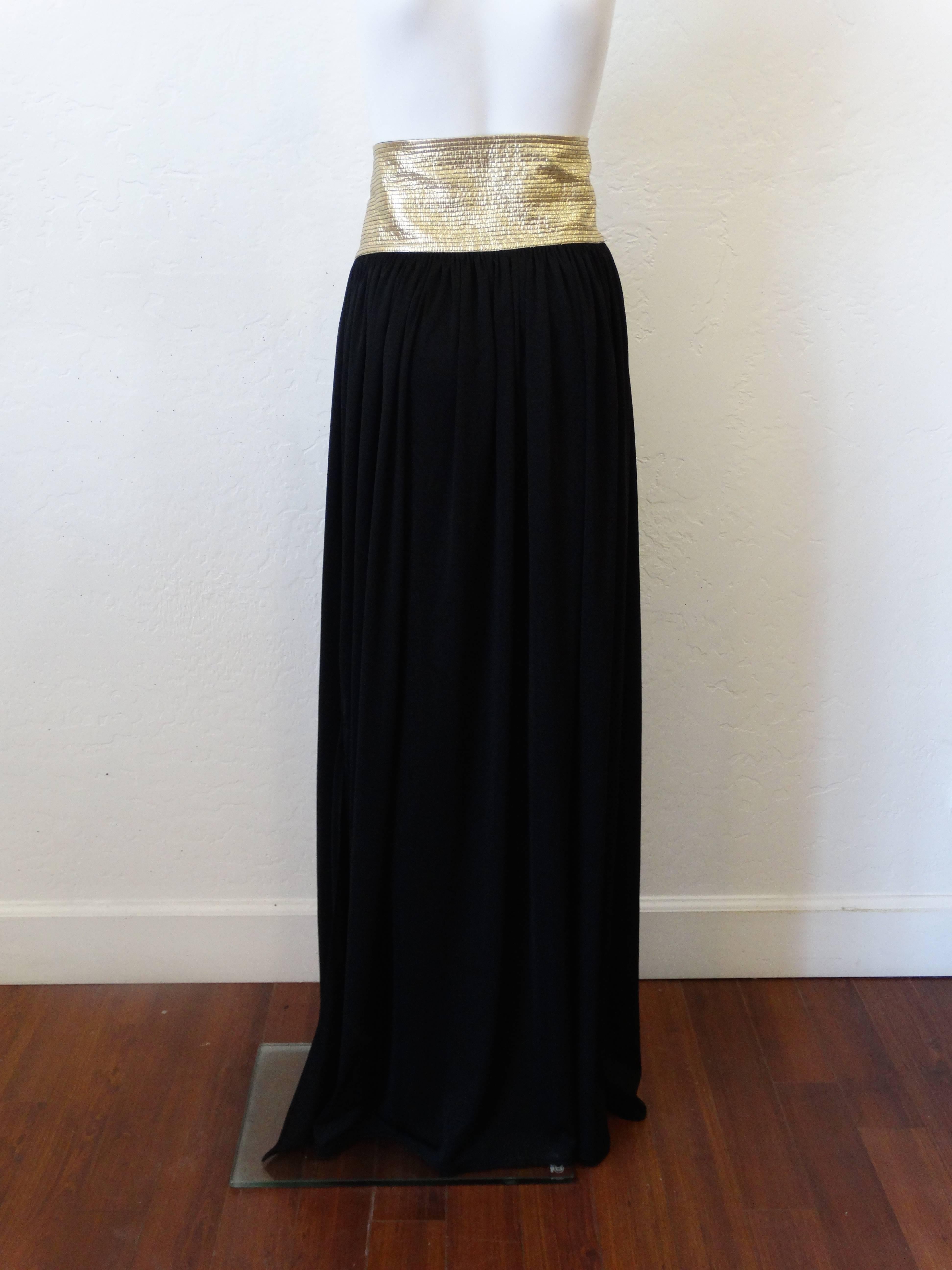 1980s Bill Tice Black Super Model Length Maxi Skirt w/ Gold Leather Belt In Excellent Condition In Scottsdale, AZ