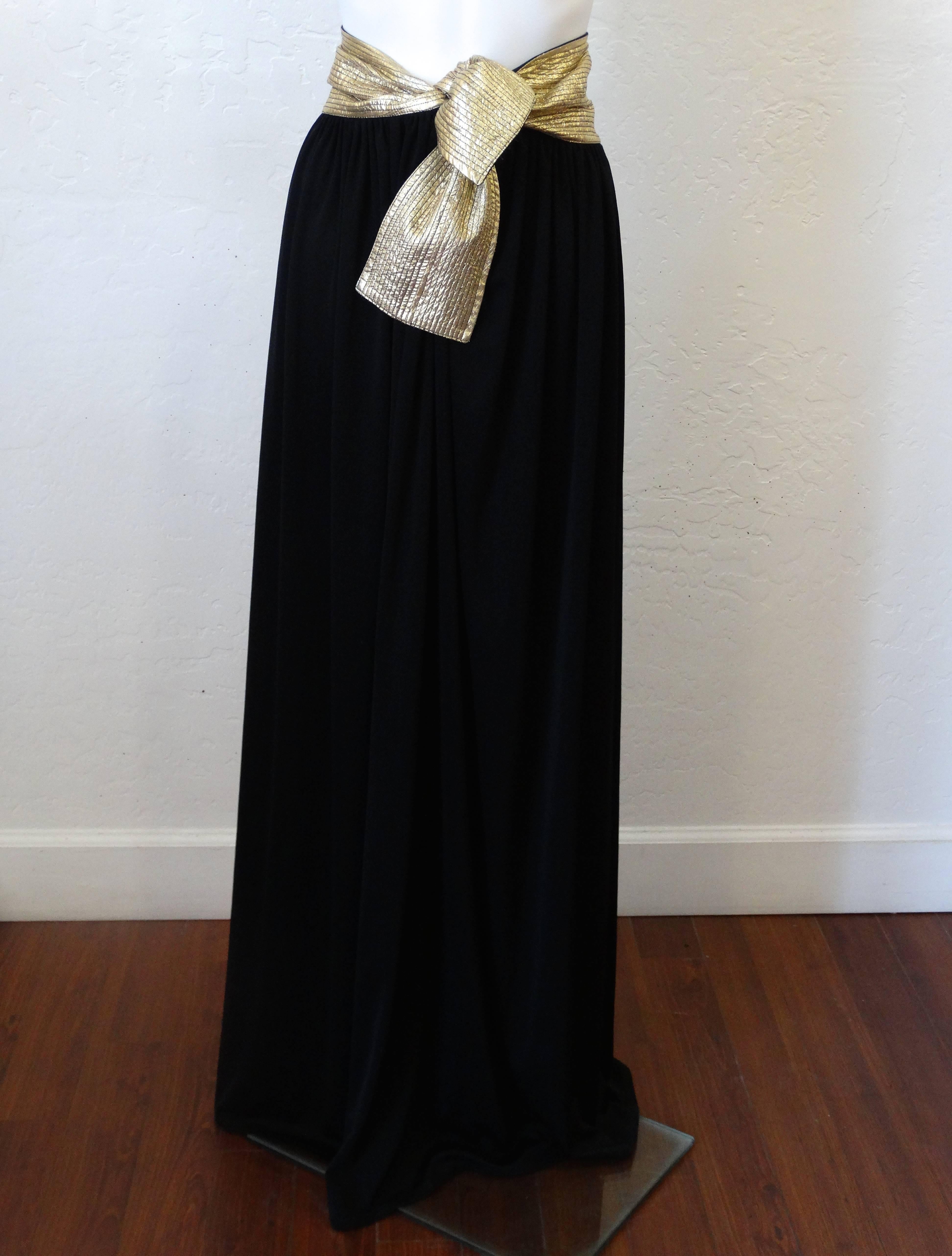 Women's 1980s Bill Tice Black Super Model Length Maxi Skirt w/ Gold Leather Belt