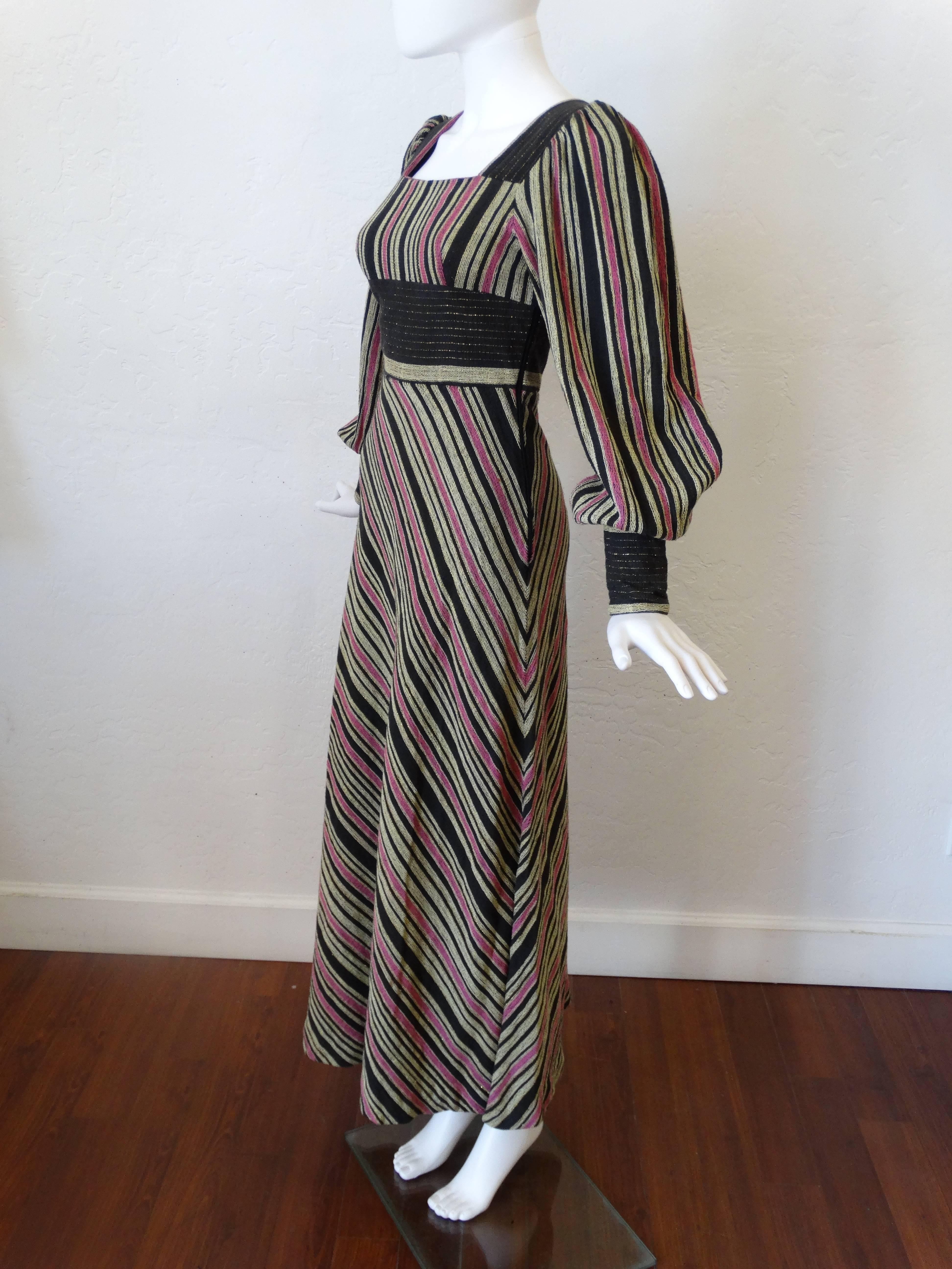 Rare RIKMA Rozi Ben-Yosef 1970's Caftan Gallabiyah maxi dress. This dress is so stunning. In a heavy thick cotton with a stripe pattern, a wide high waisted band is just one of it fabulous details. This dress has long sleeves with zippers at the