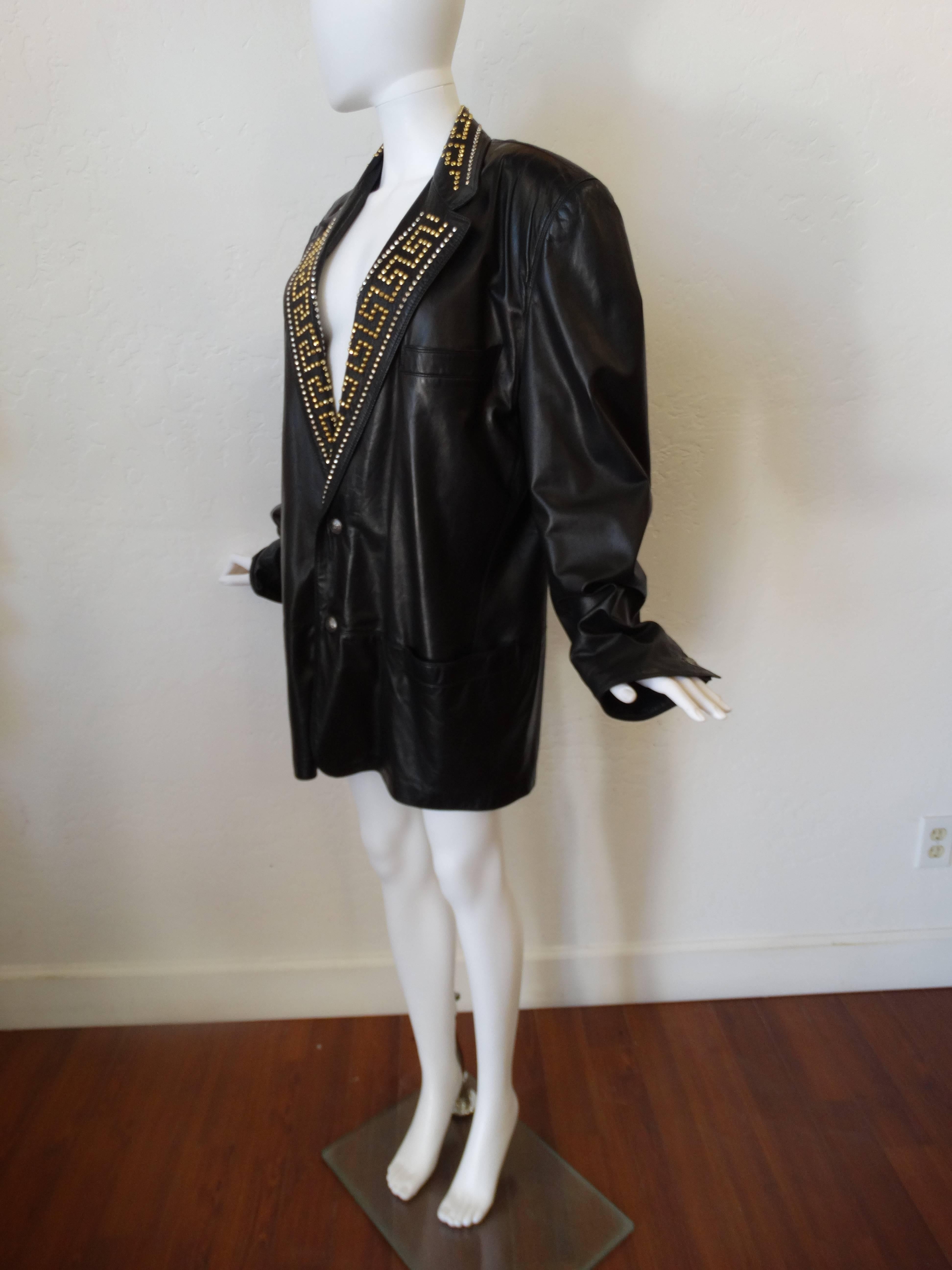 Women's or Men's Gianni Versace Couture Black studded Greek Key Leather Jacket, 1992 
