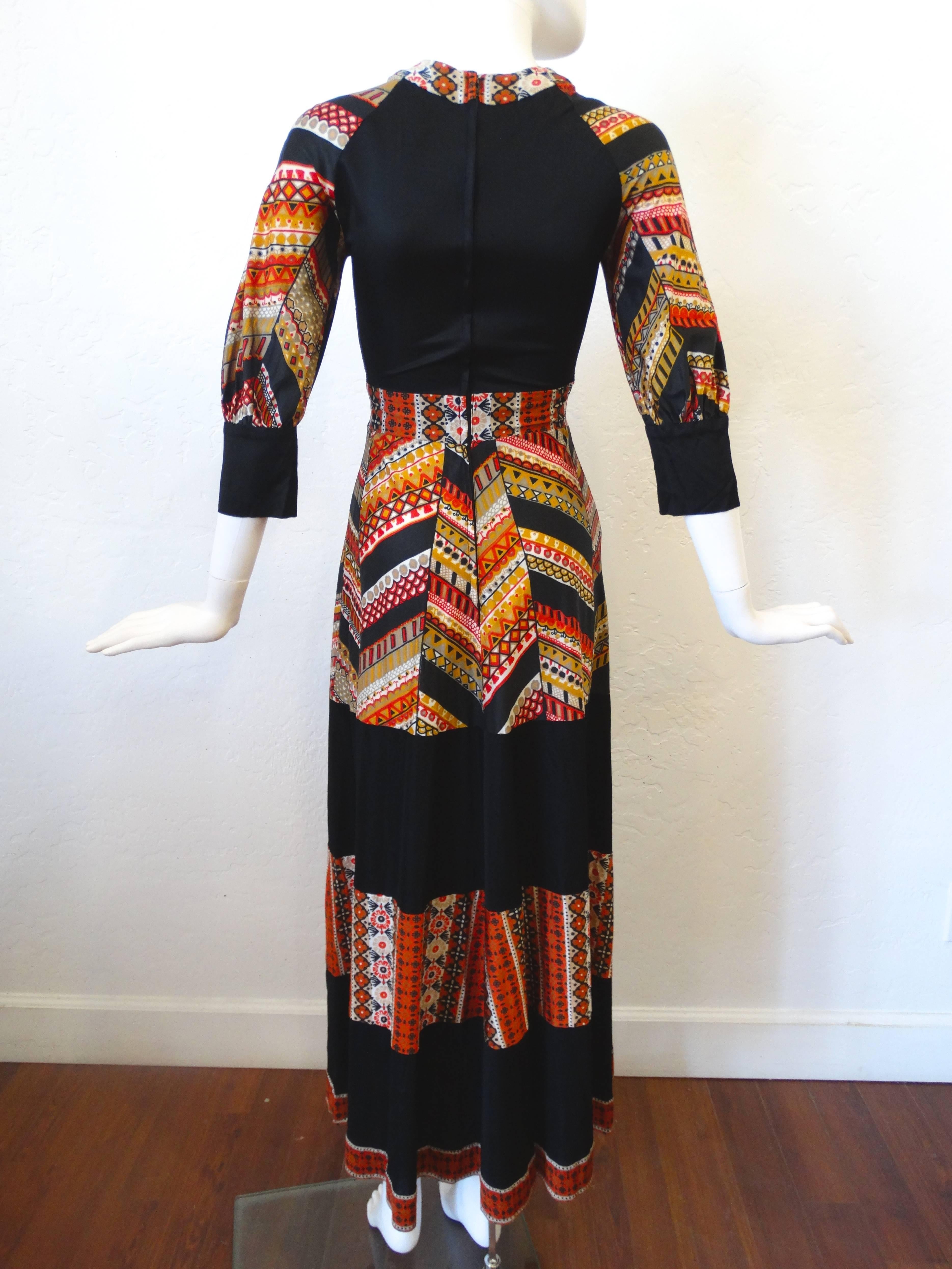 Black 1970s Jean Varon Southwest Print Maxi Dress
