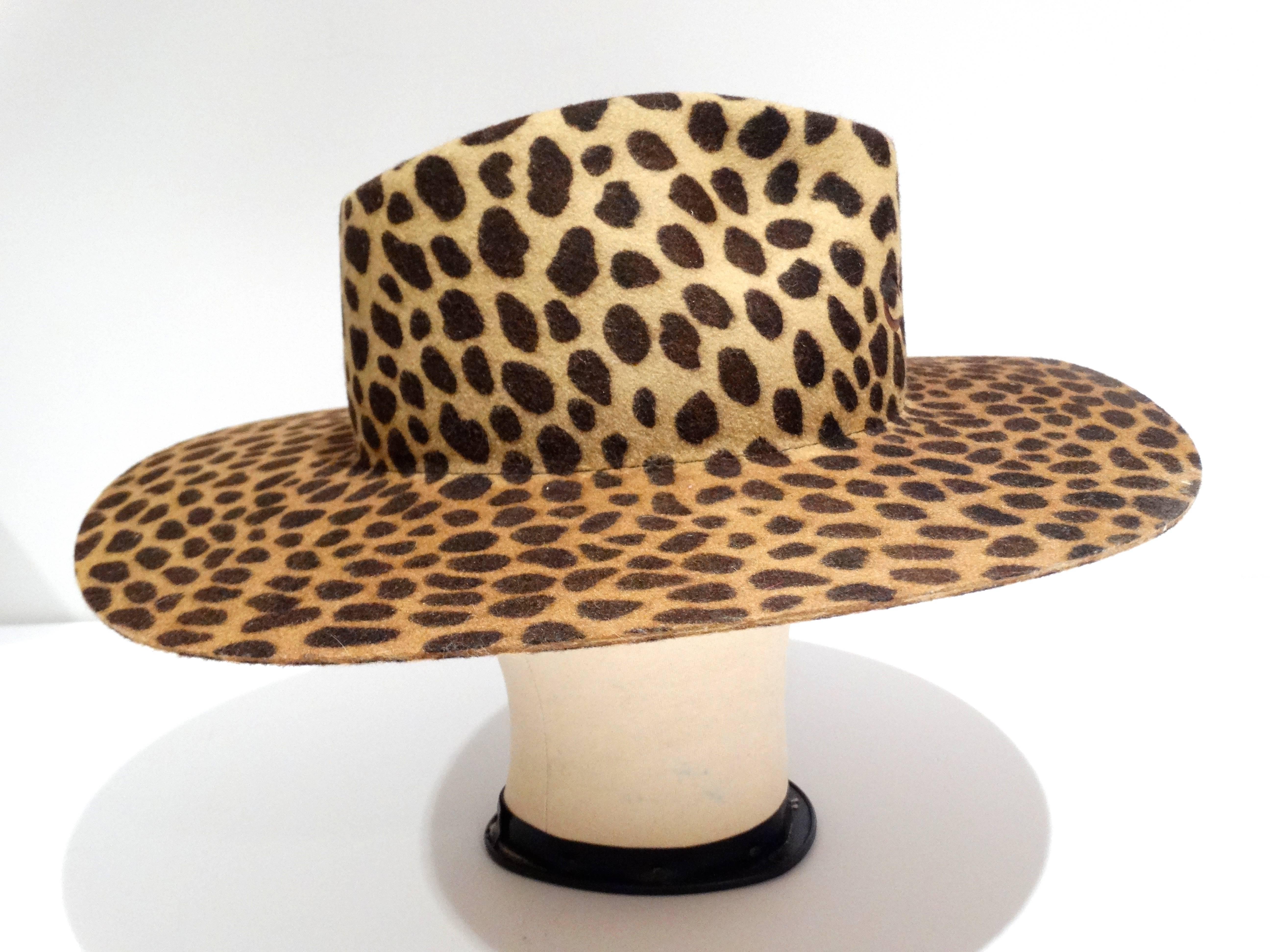 1980's Leopard felt hat created by Charlie 1 Horse Hat Company.  Two-tone leopard print in a bohemian style hat shape. Size 7 100%wool felt 