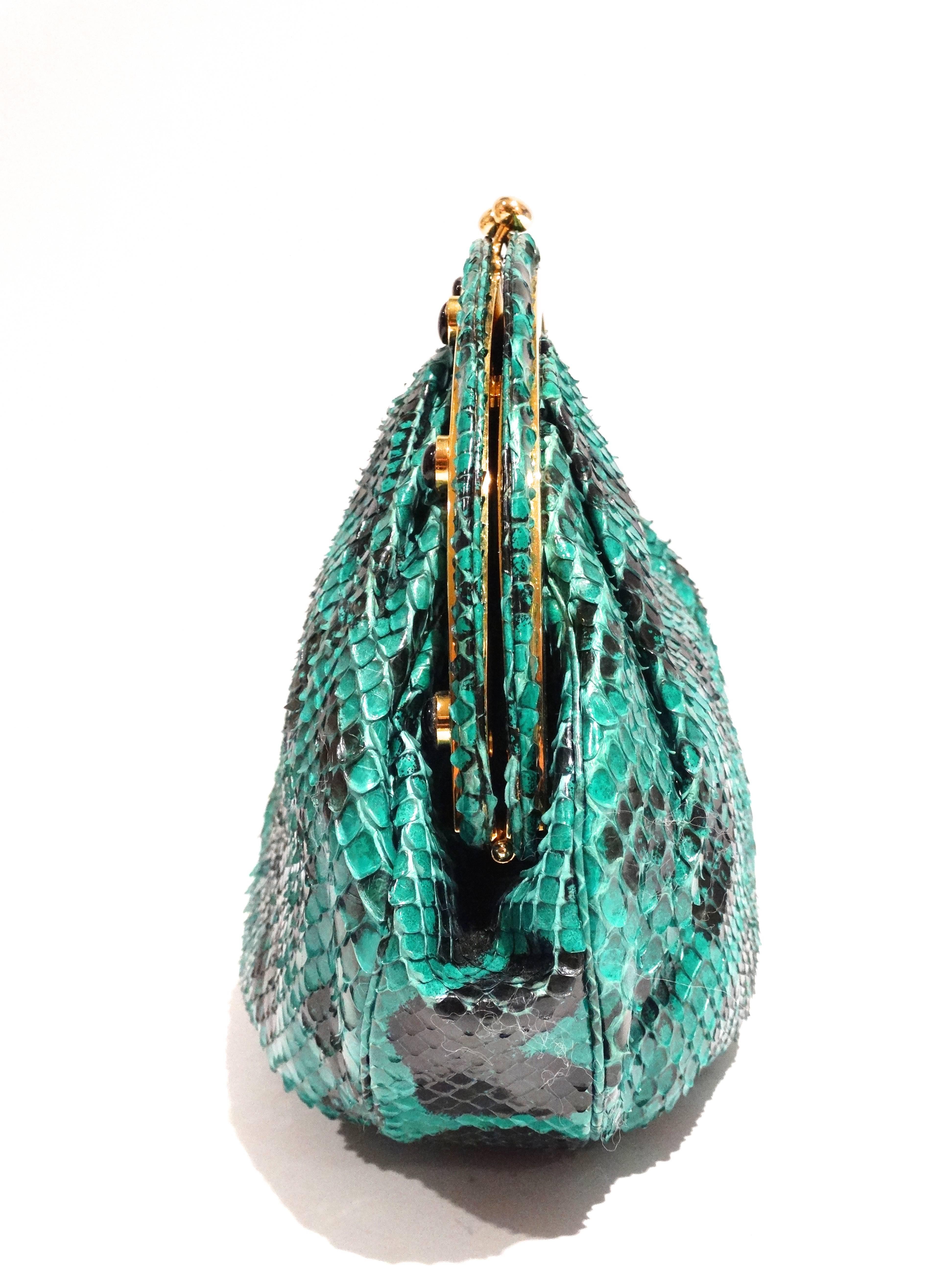 Women's 1980s Emerald Green Judith Leiber Leopard Print Snakeskin Bag