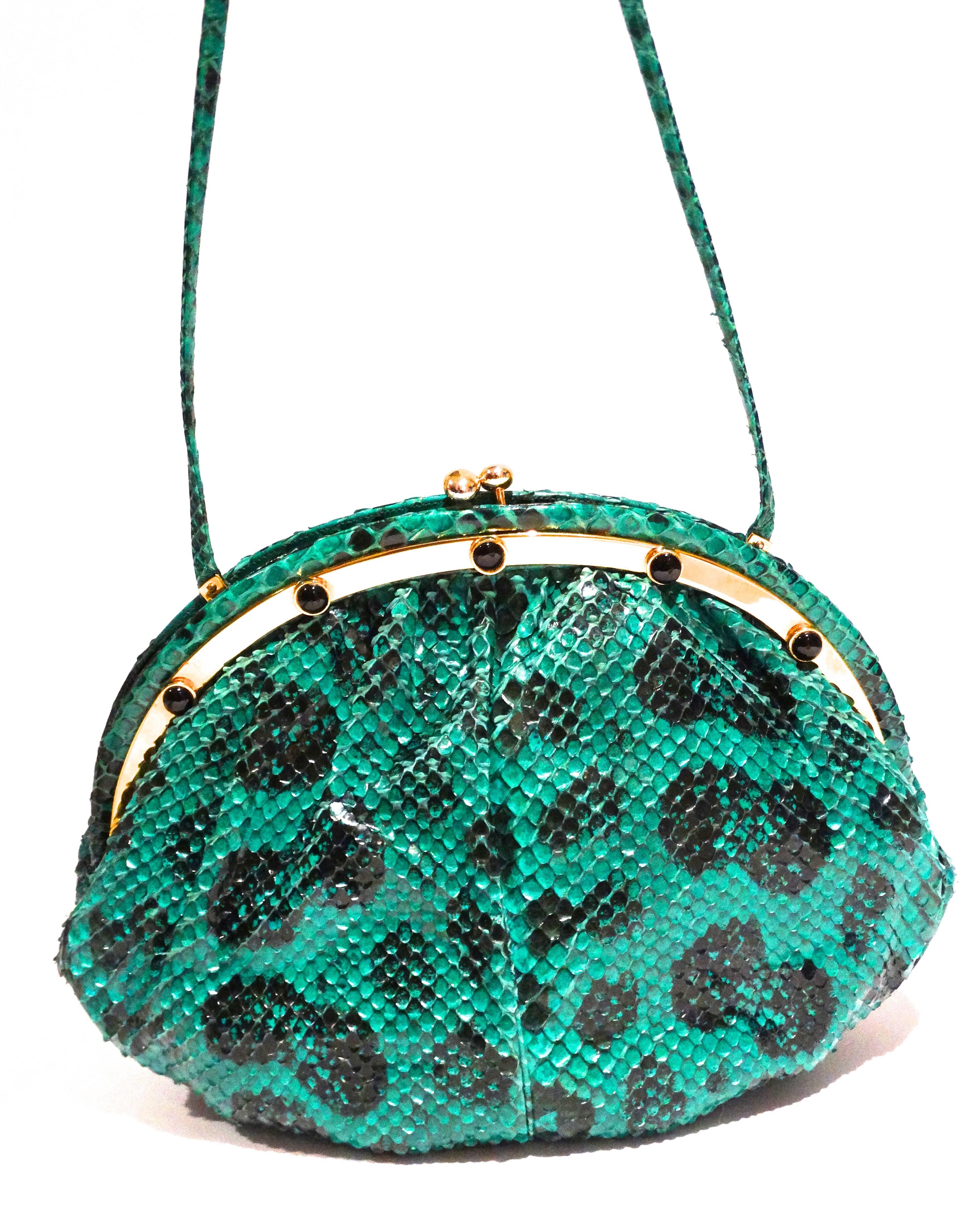 1980s Emerald Green Judith Leiber Leopard Print Snakeskin Bag 4