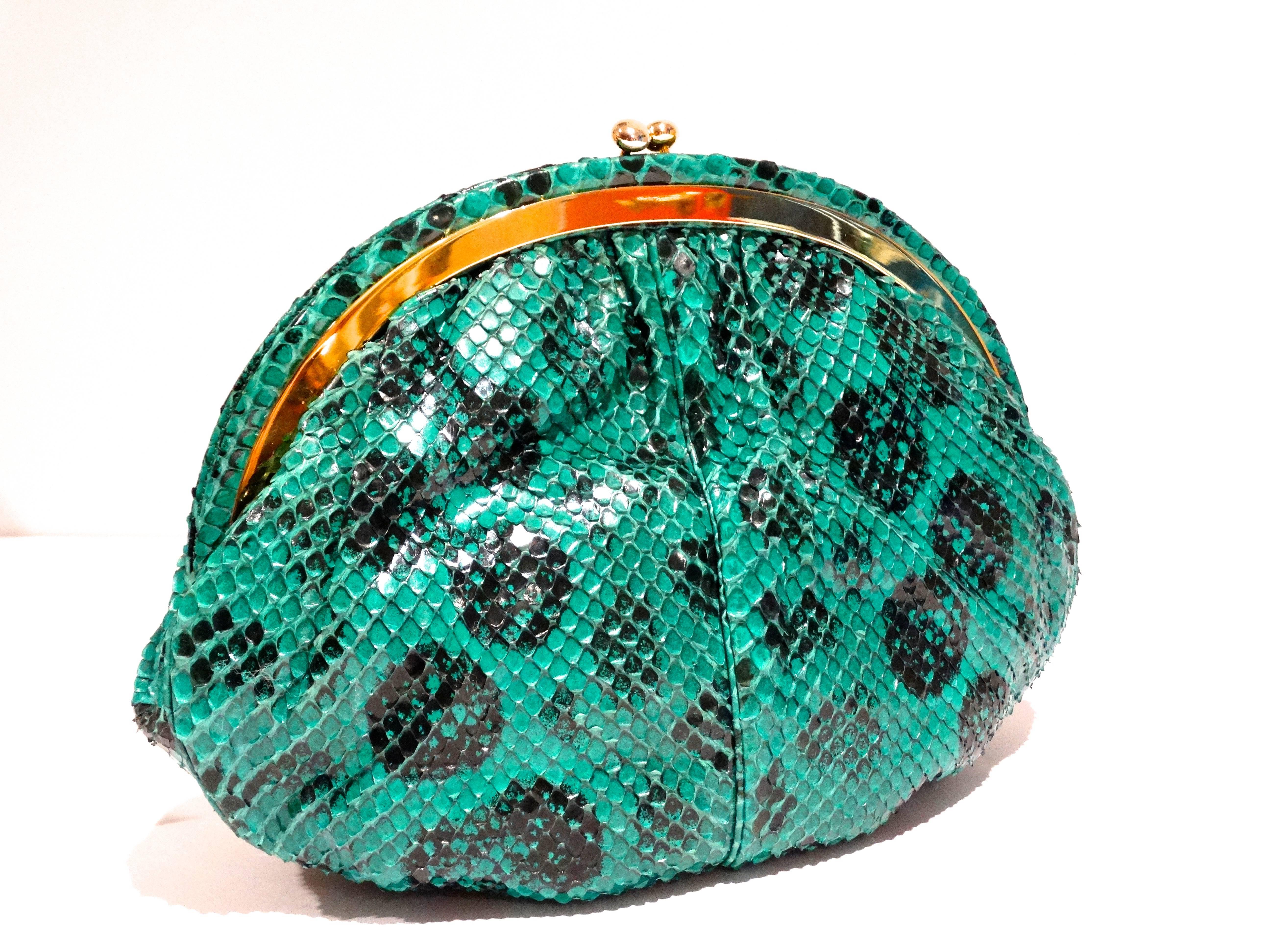 1980s Emerald Green Judith Leiber Leopard Print Snakeskin Bag 2