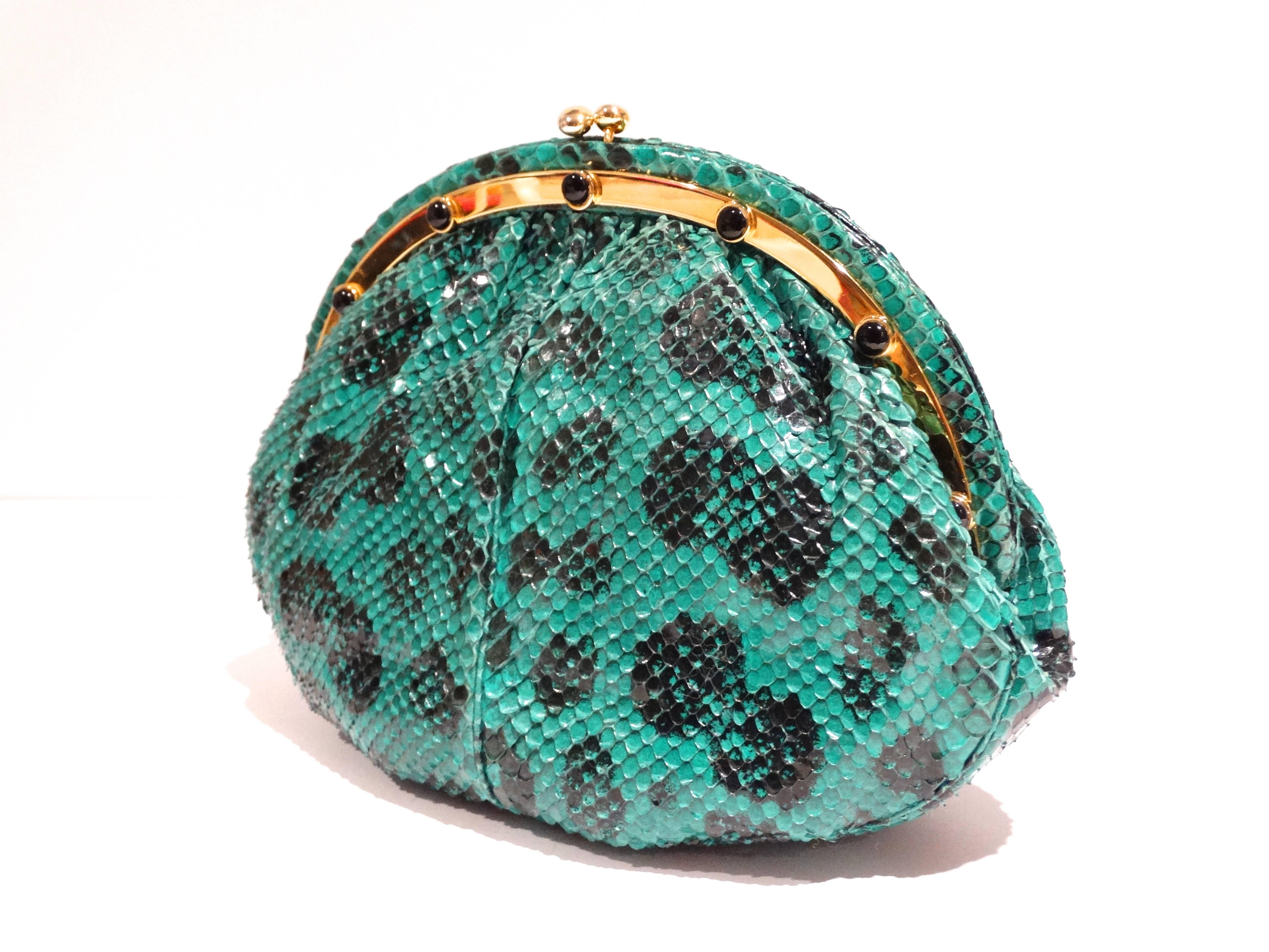1980s Emerald Green Judith Leiber Leopard Print Snakeskin Bag In Excellent Condition In Scottsdale, AZ