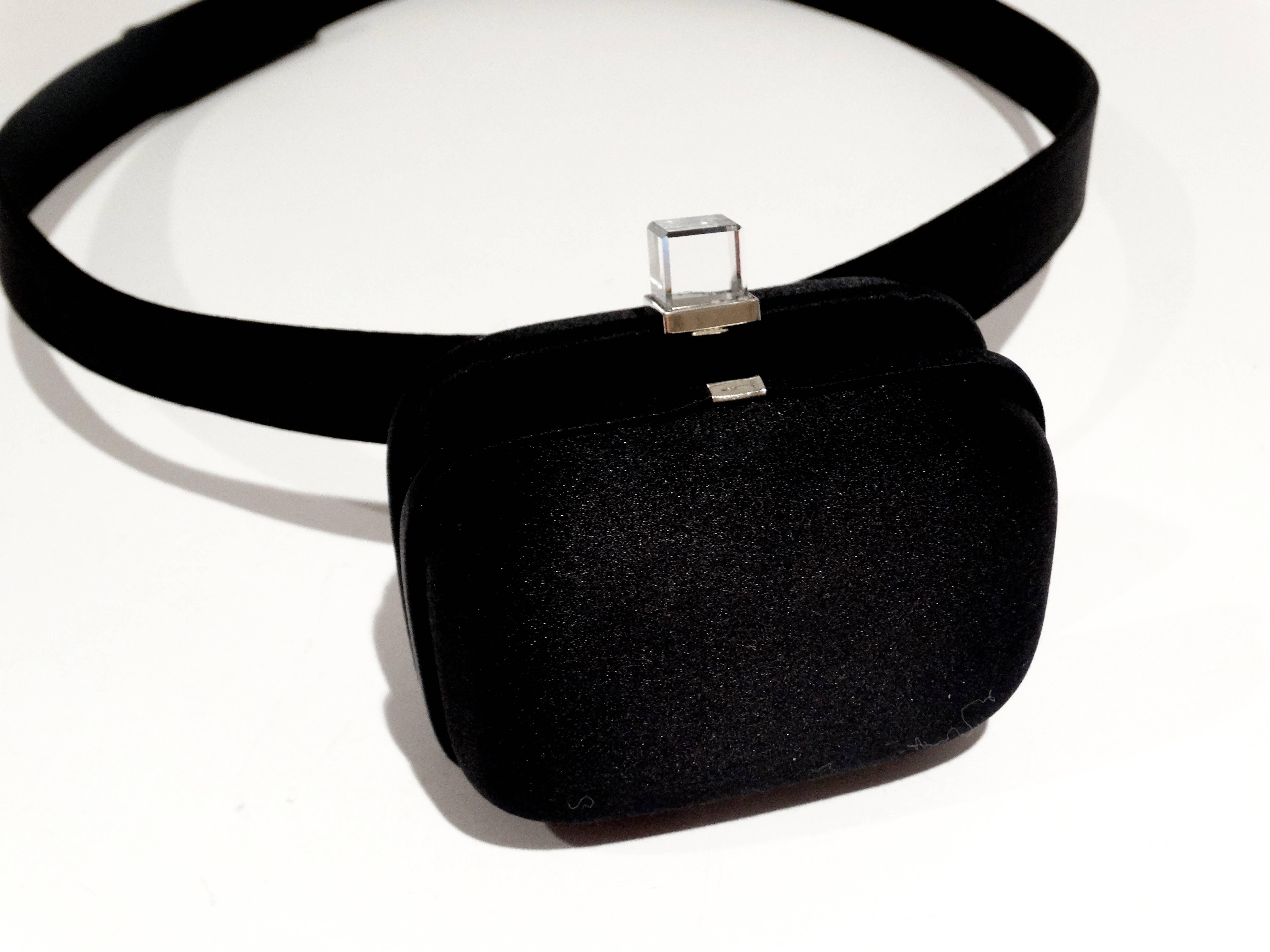 Black 1980s Mondi Mini Clutch Belt with Glass Crystal Cube Closure 