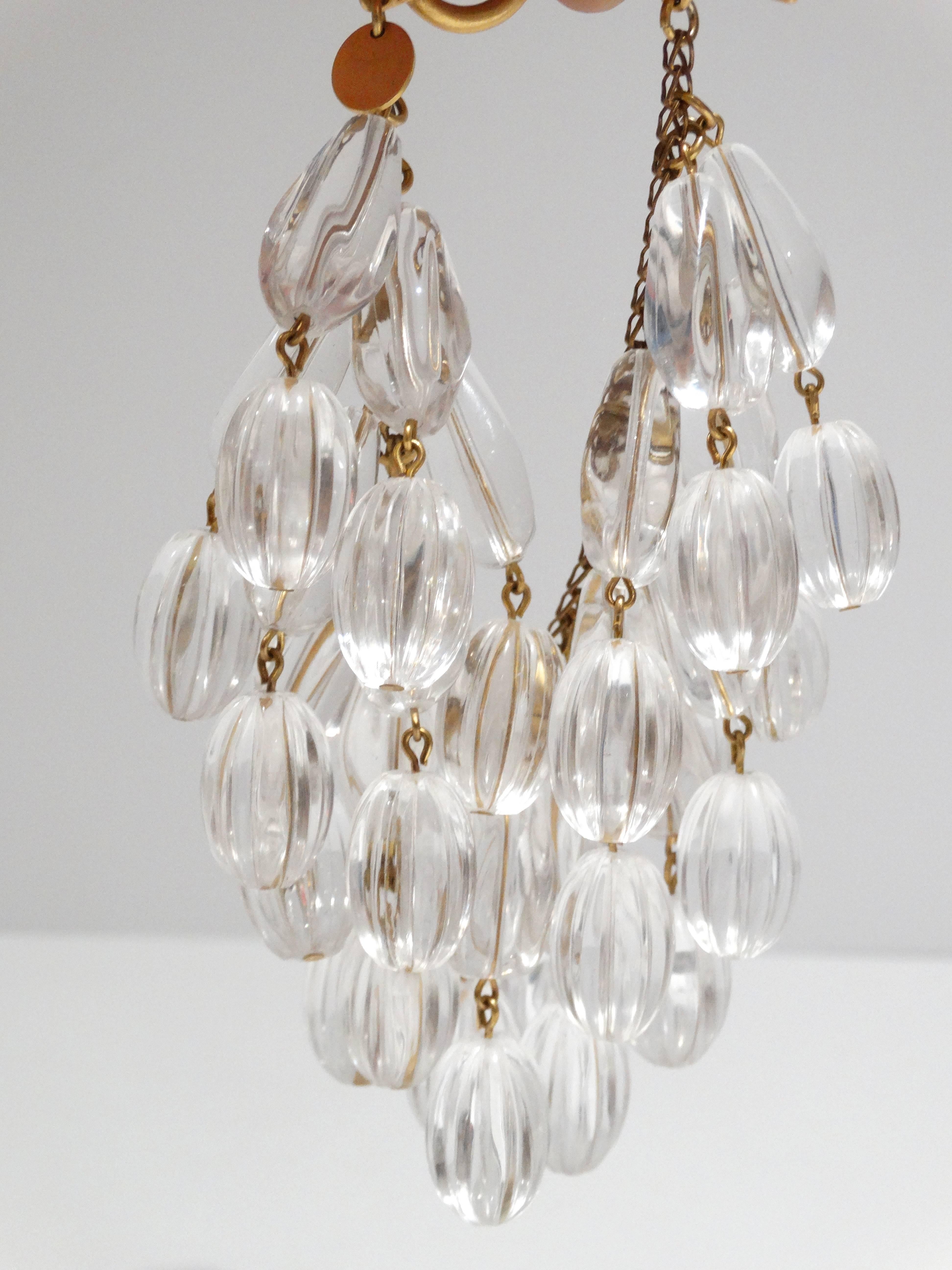 1980's ANNE KLEIN COUTURE Clear lucite carved beads and Gold-plate Metal Chain Beaded Runway Bracelet A TRUE WORK OF ART COMPOSED OF MULTIPLE STRANDS OF HUGE CARVED TEAR-SHAPED CLEAR LUCITE BEADED STRANDS (2 1/4