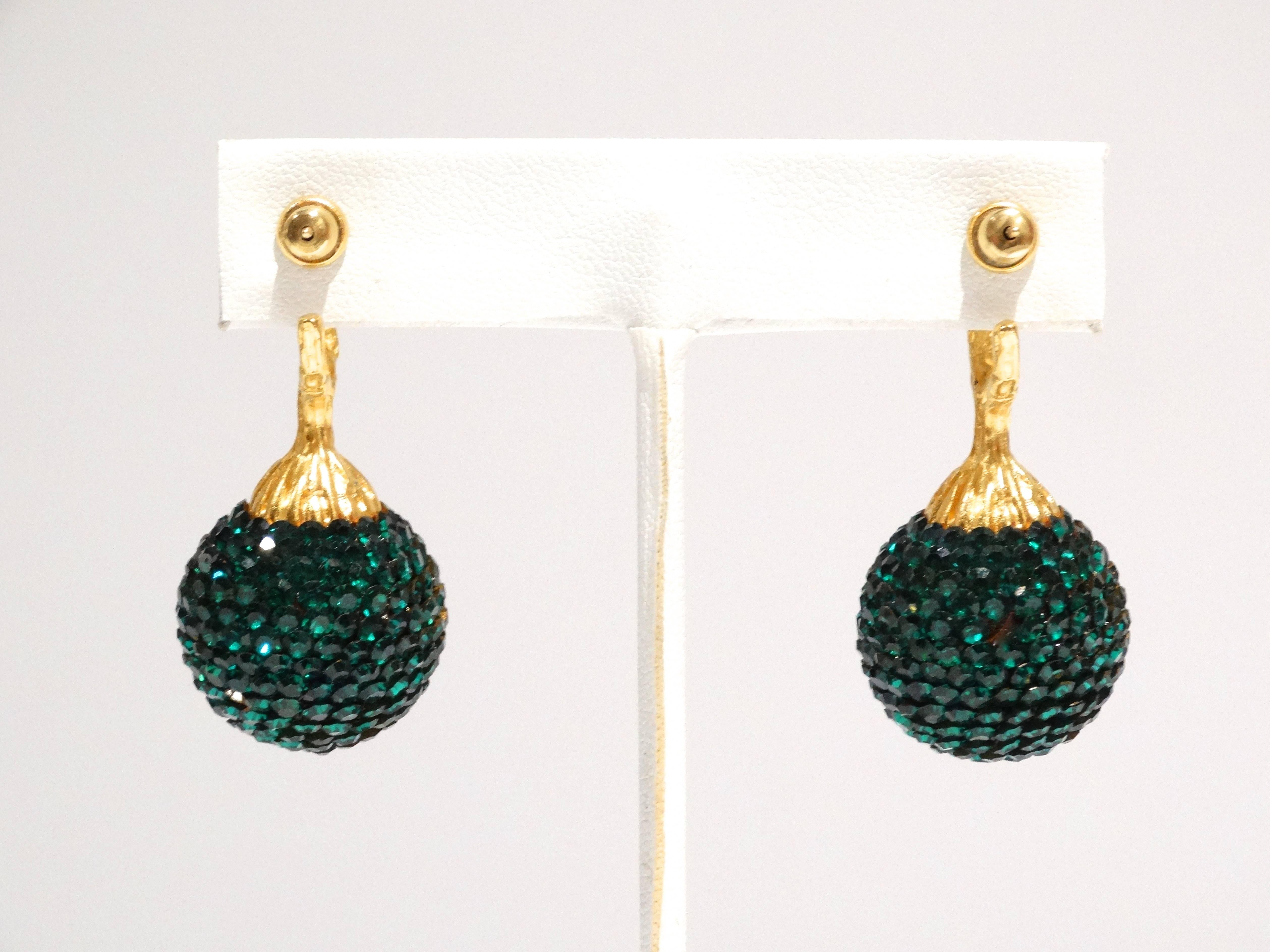 1990s Deanna Hamro Emerald Green Diamante Swaroski Crystal Ball Earrings  1