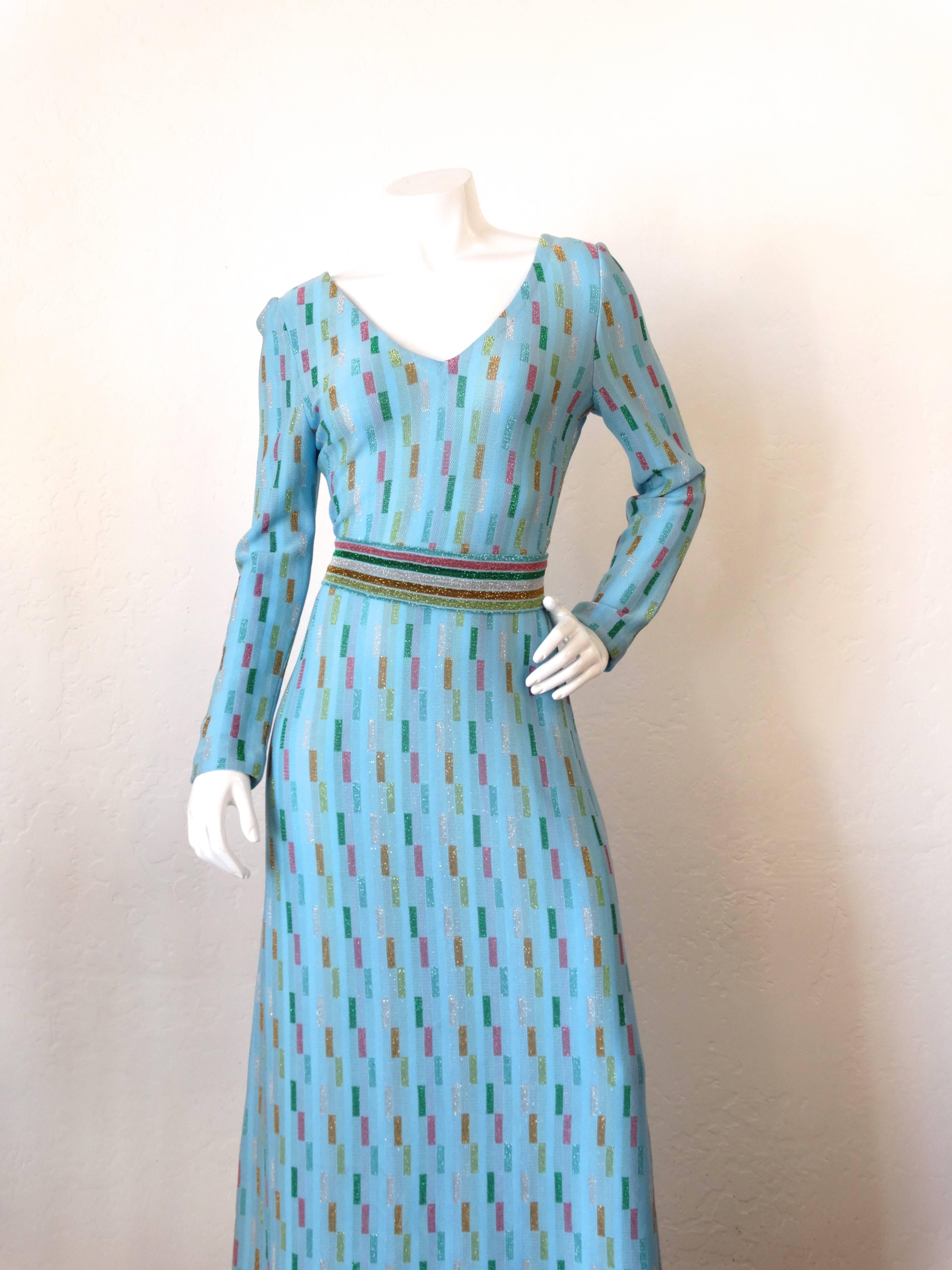 Blue Super Model Length 1970s Missoni Multicolor Rectangle Pattern Knit Lame Gown 