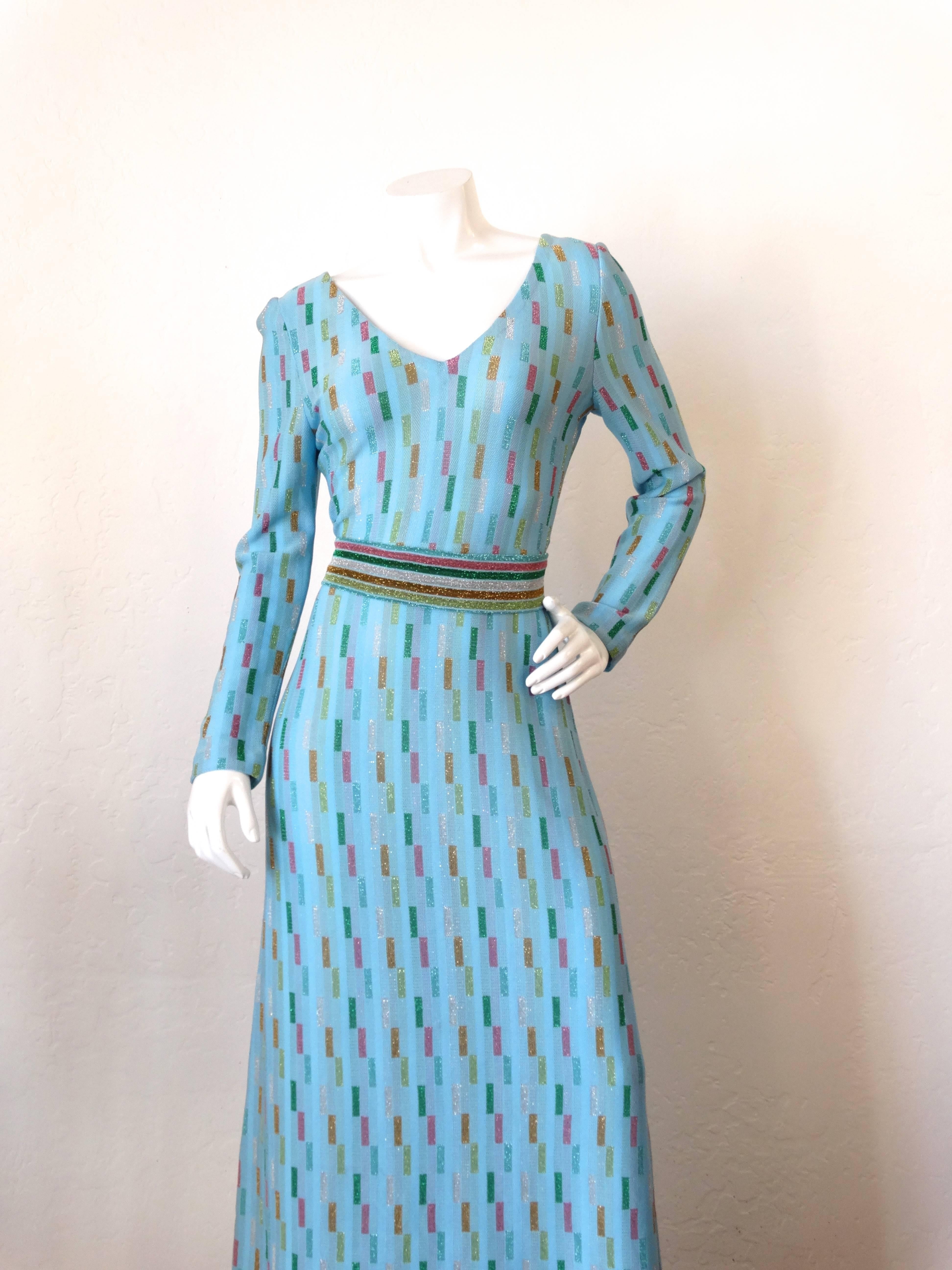 Blue Super Model Length 1970s Missoni Multicolor Rectangle Pattern Knit Lame Gown