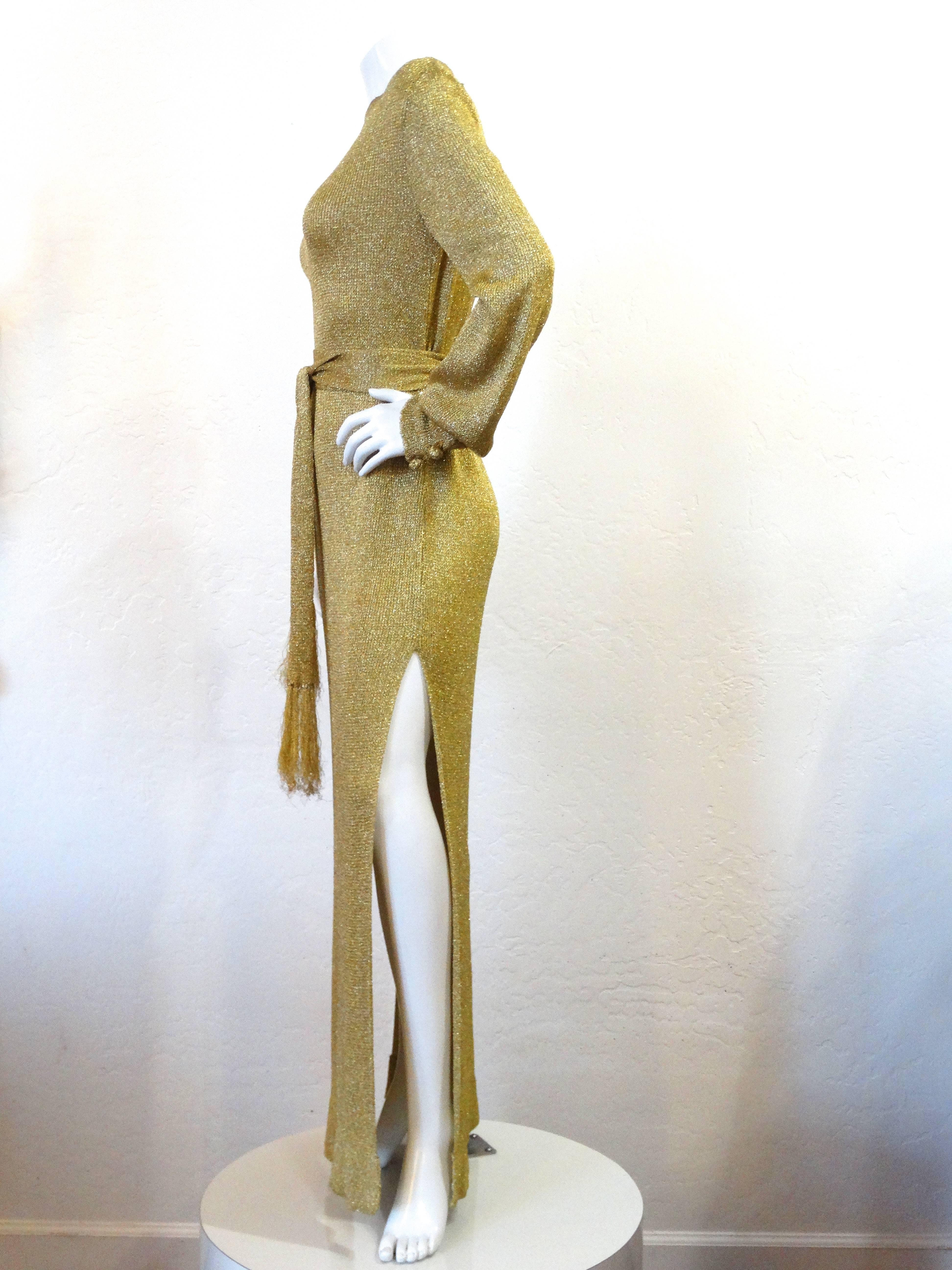 Super Model Length 1970s Gold Metallic Knit Lame Gown with Open Back  In Excellent Condition In Scottsdale, AZ