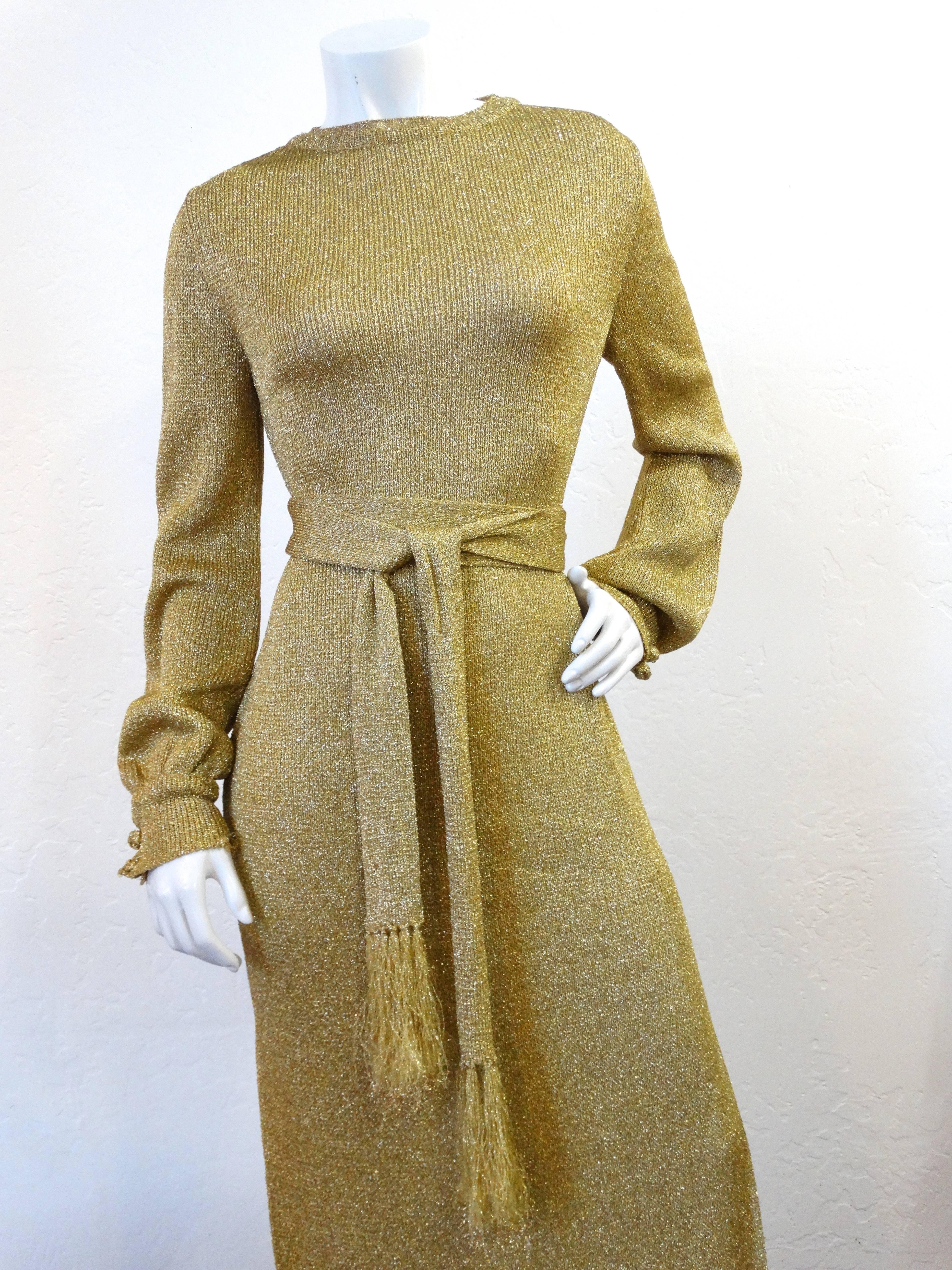 Brown Super Model Length 1970s Gold Metallic Knit Lame Gown with Open Back 