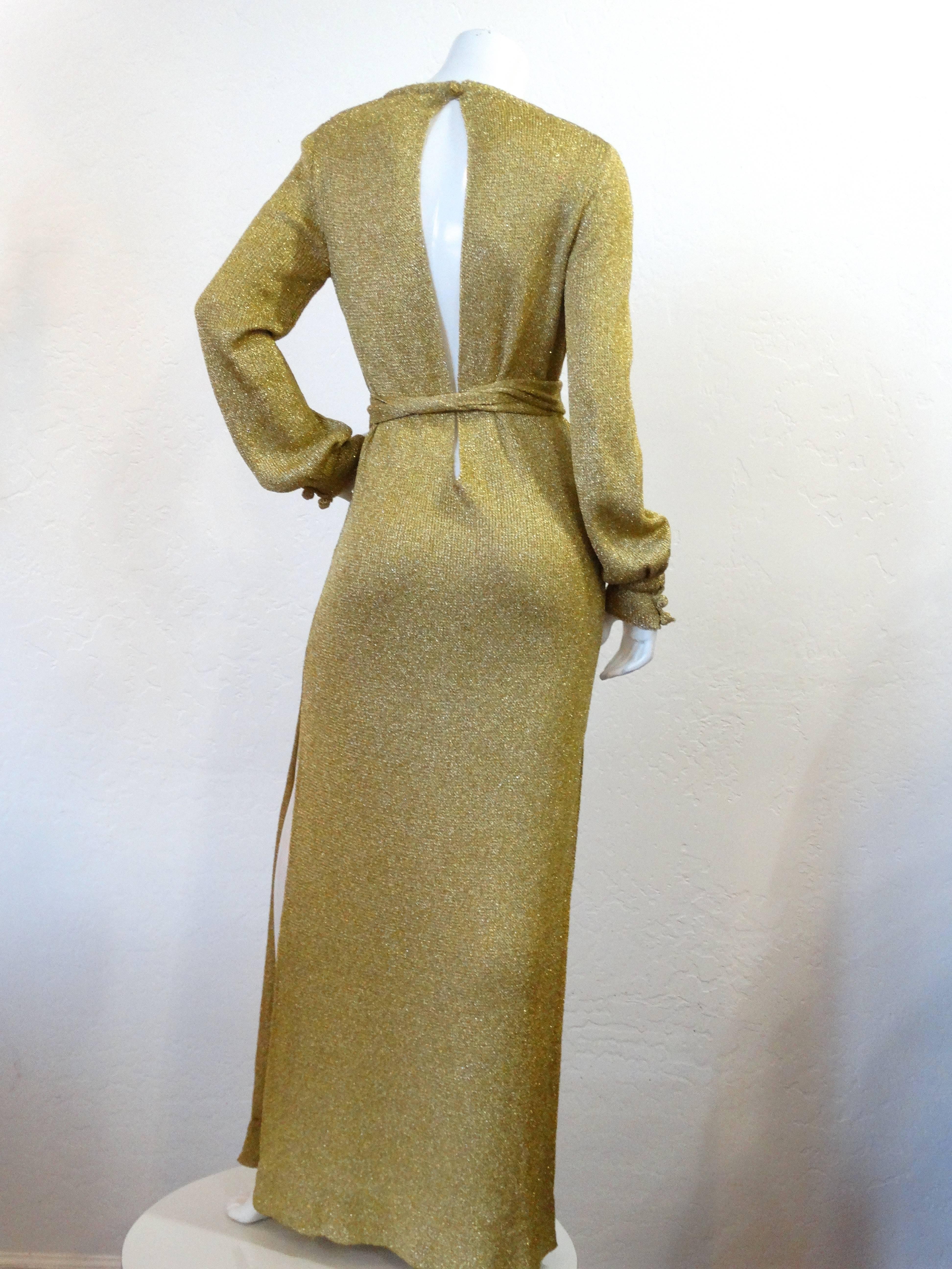 Women's Super Model Length 1970s Gold Metallic Knit Lame Gown with Open Back 