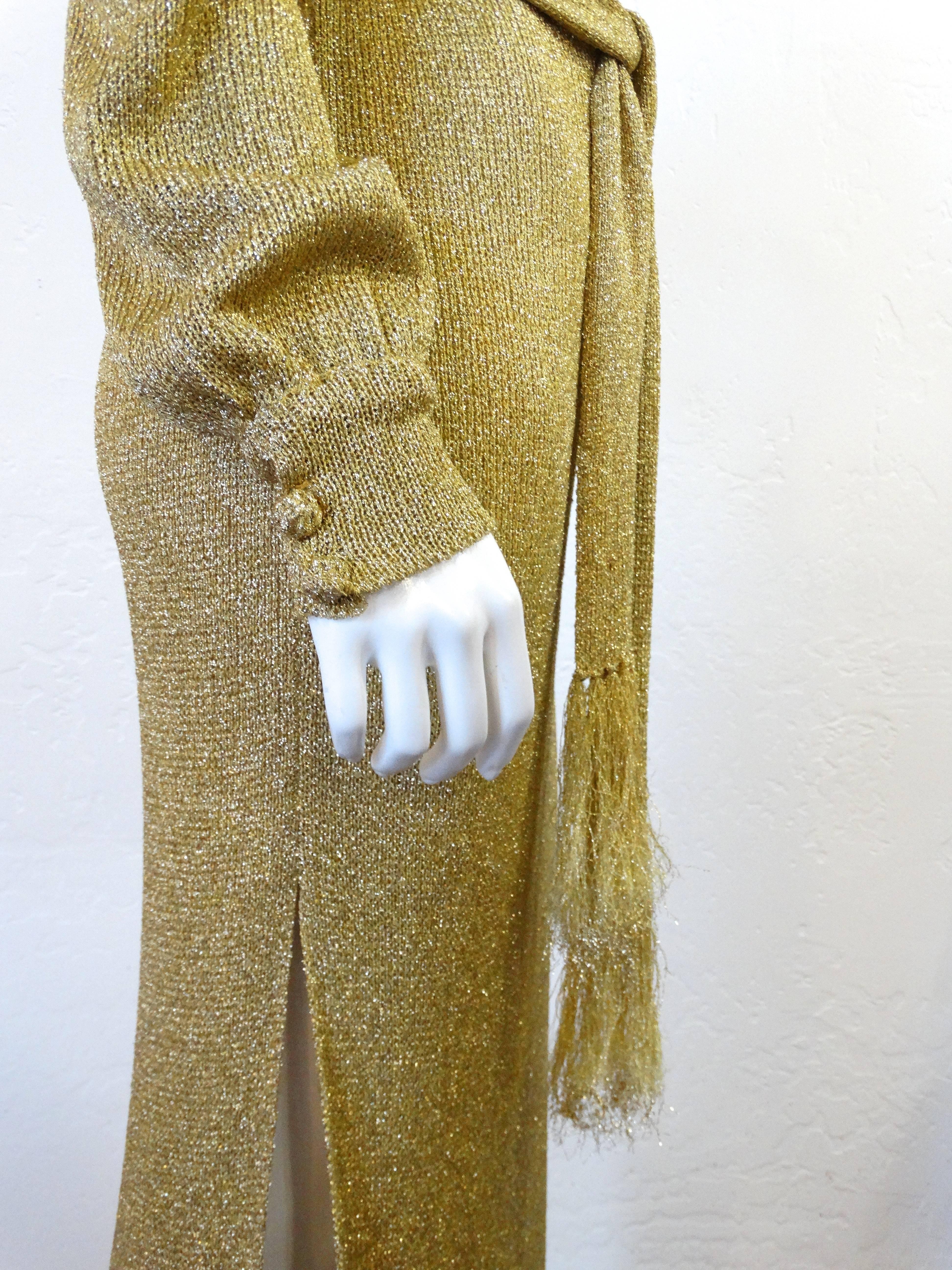 Super Model Length 1970s Gold Metallic Knit Lame Gown with Open Back  1