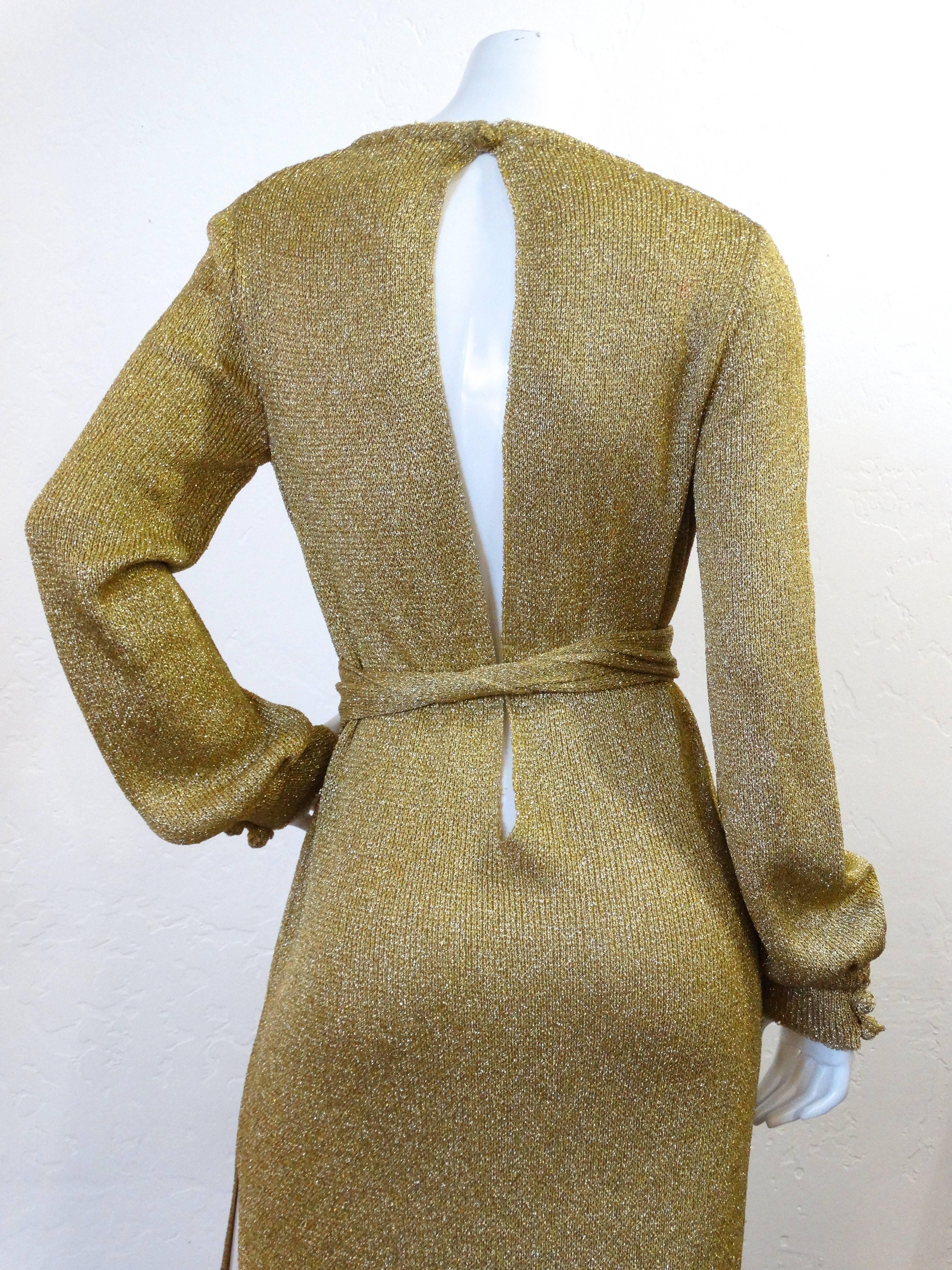 Super Model Length 1970s Gold Metallic Knit Lame Gown with Open Back  4