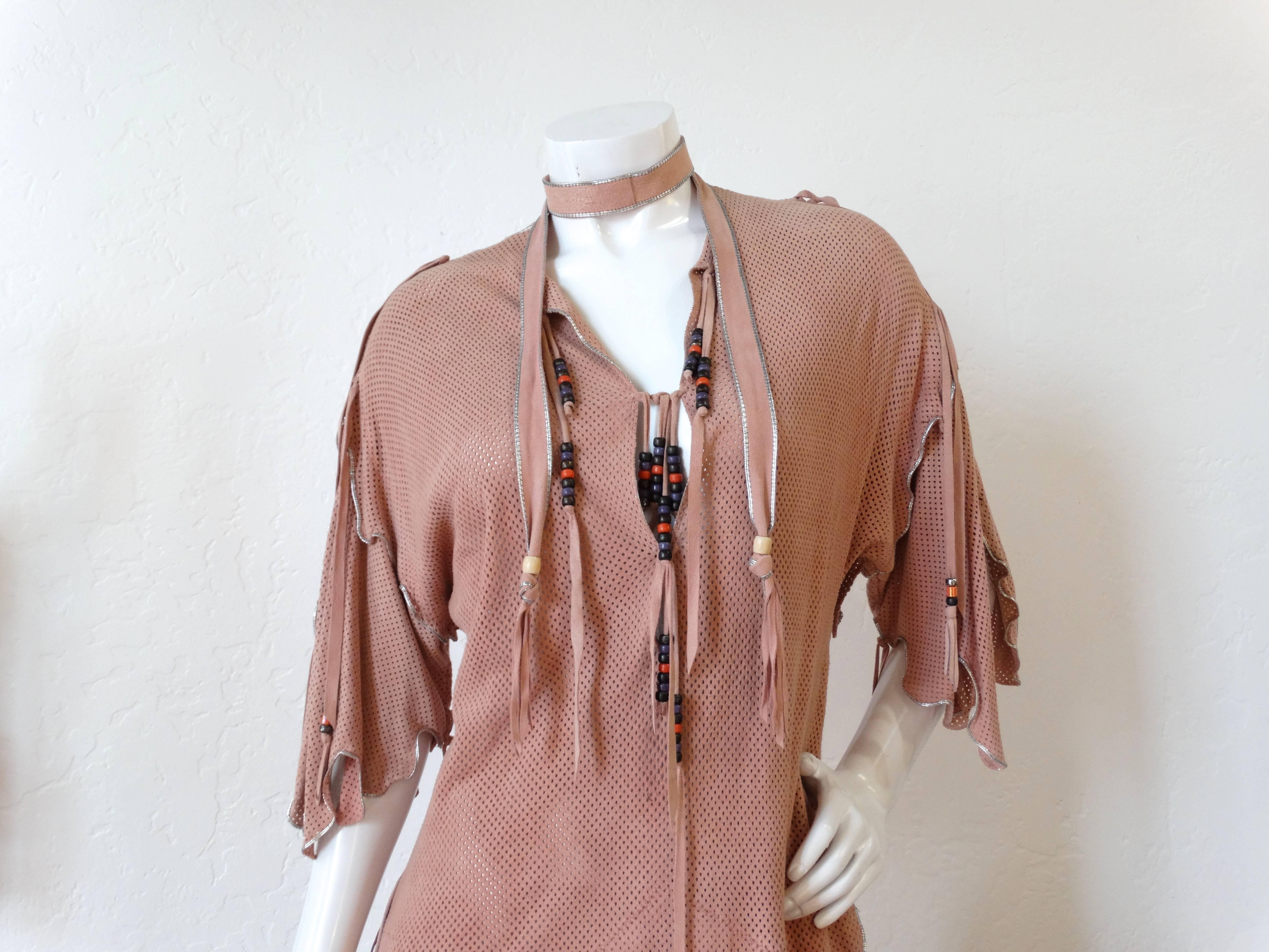 Brown 1970's North Beach Leather Perforated Fringe Dress