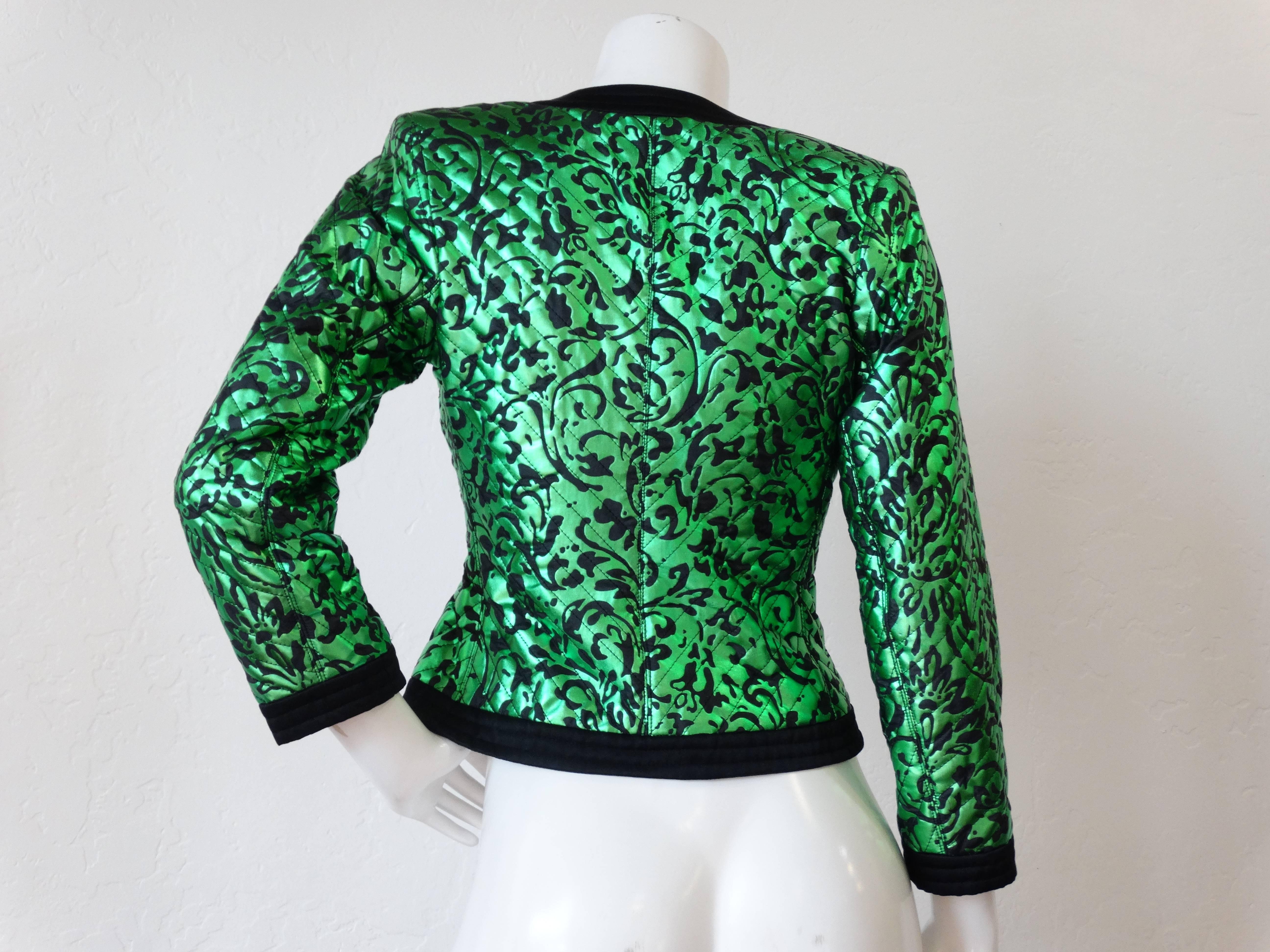 1980s Saint Laurent Metallic Green Floral Print Jacket  3