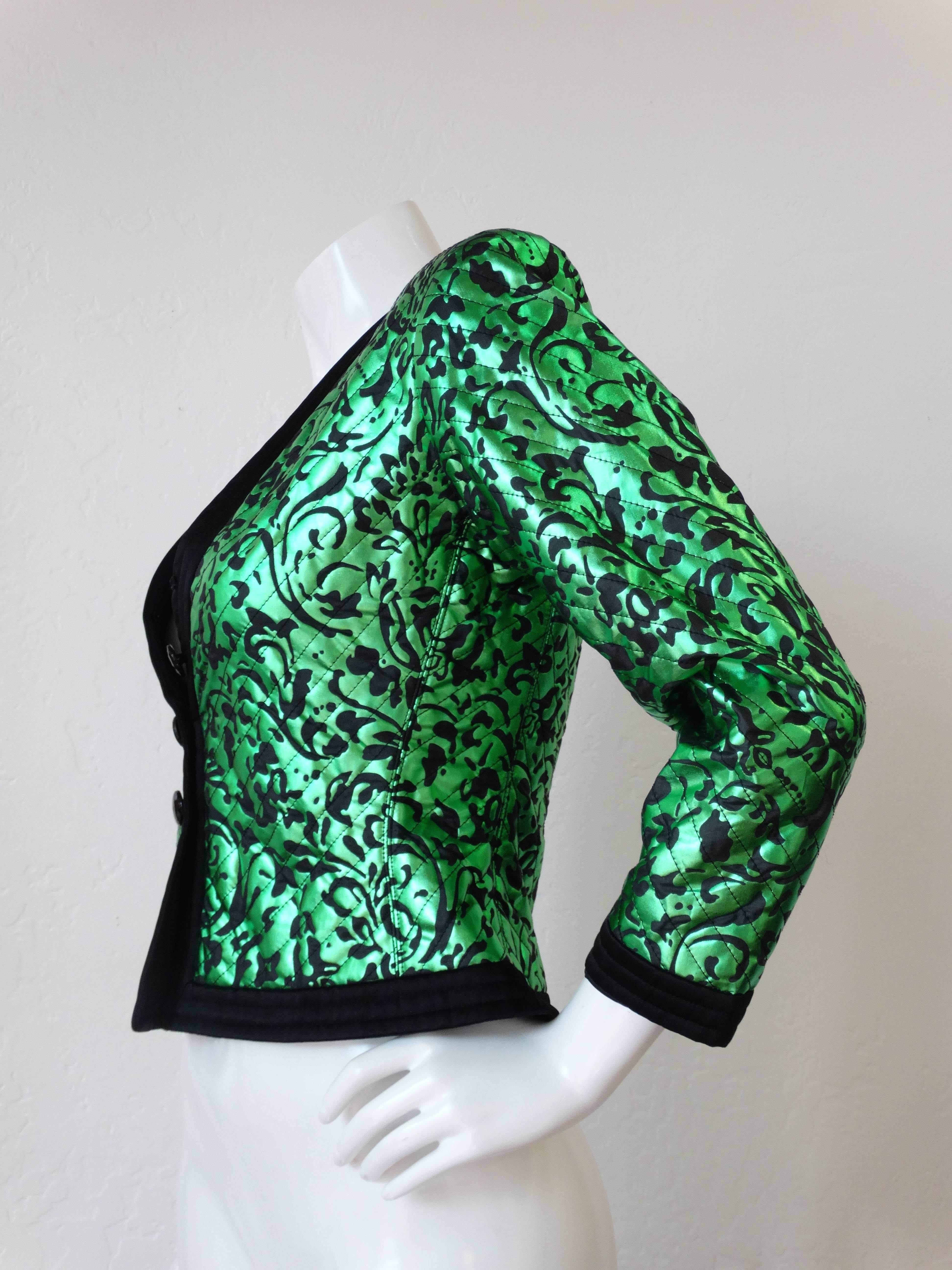 Black 1980s Saint Laurent Metallic Green Floral Print Jacket 