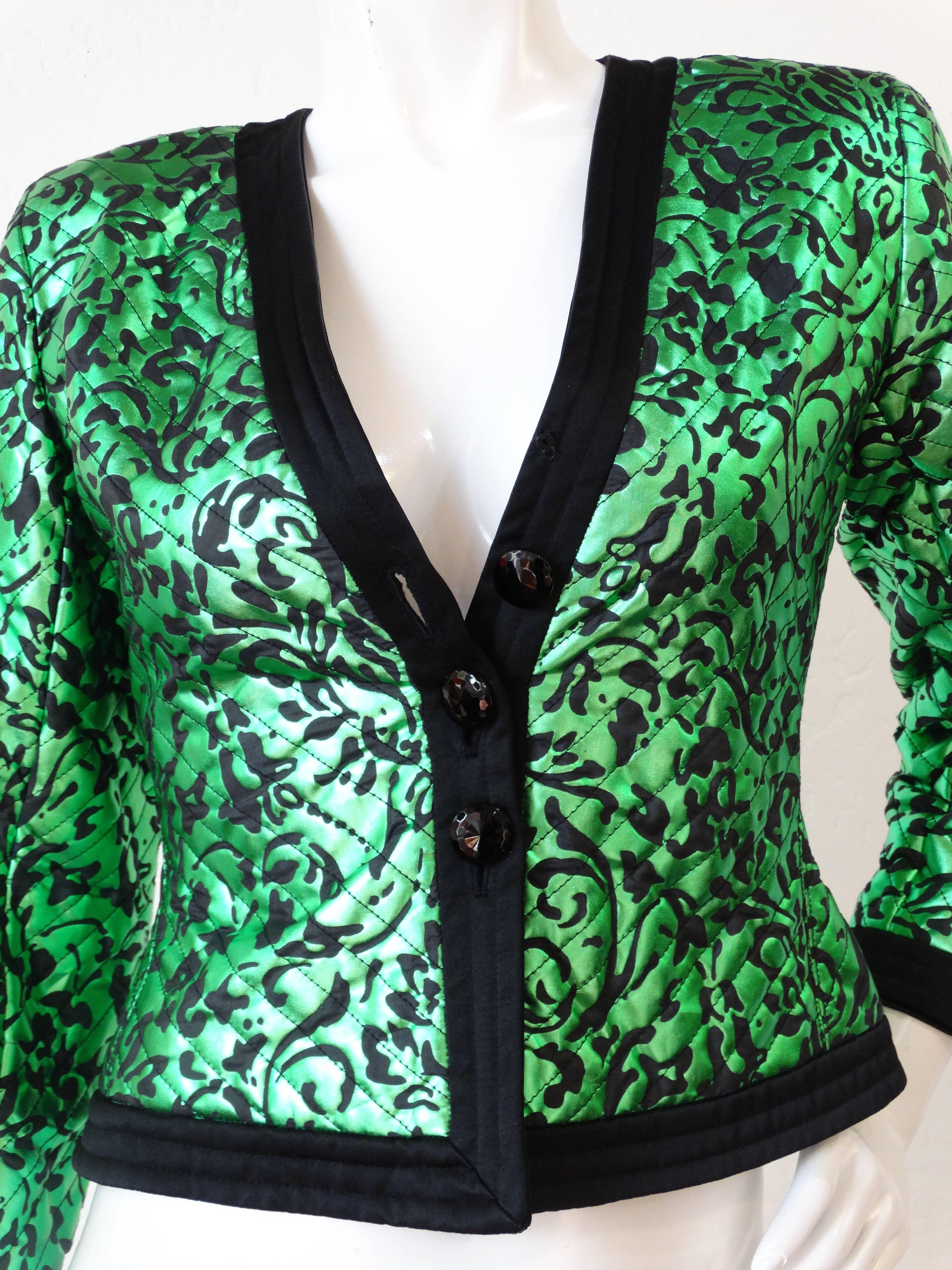 1980s Saint Laurent Metallic Green Floral Print Jacket  In Excellent Condition In Scottsdale, AZ