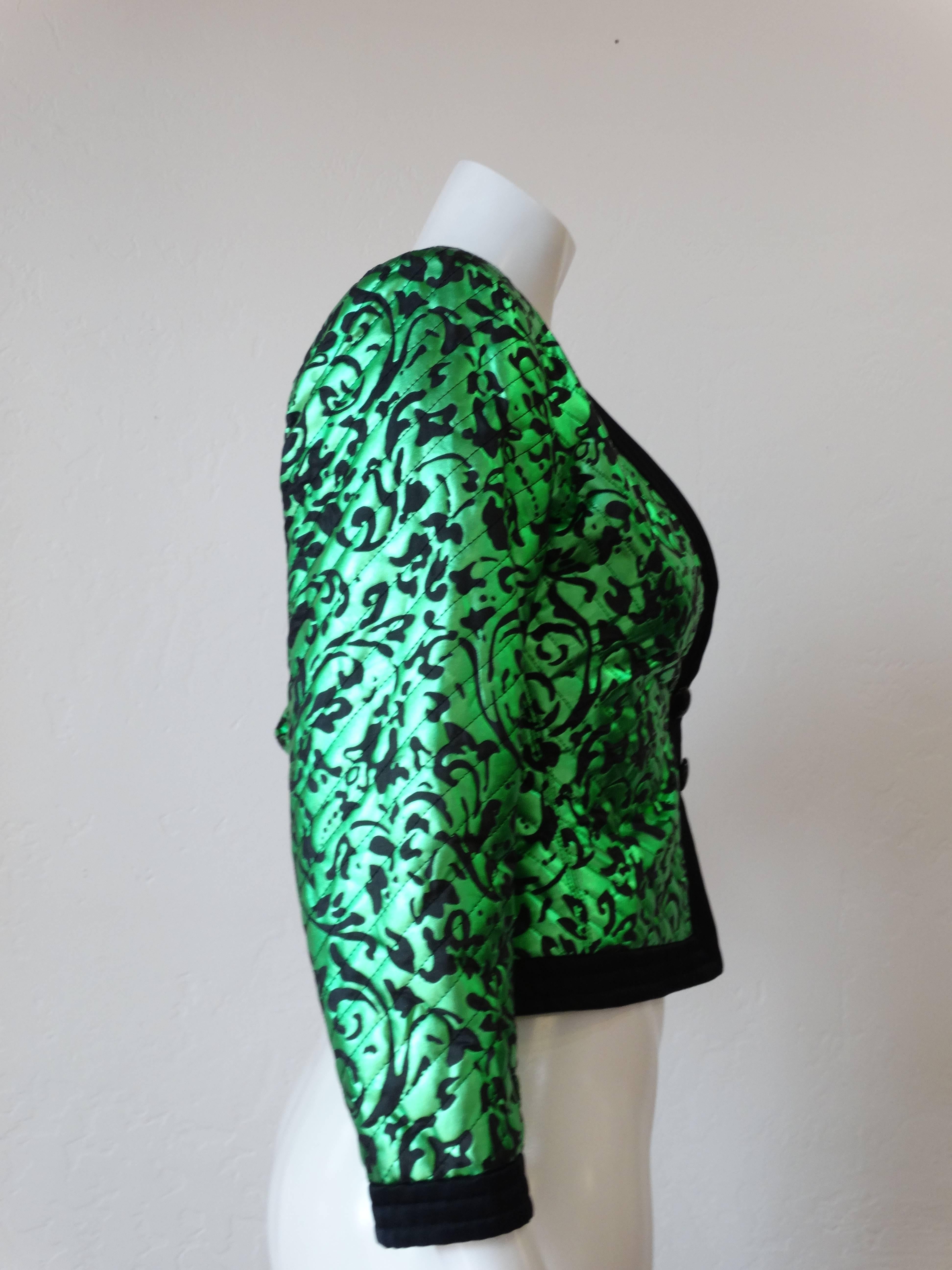 Women's 1980s Saint Laurent Metallic Green Floral Print Jacket 