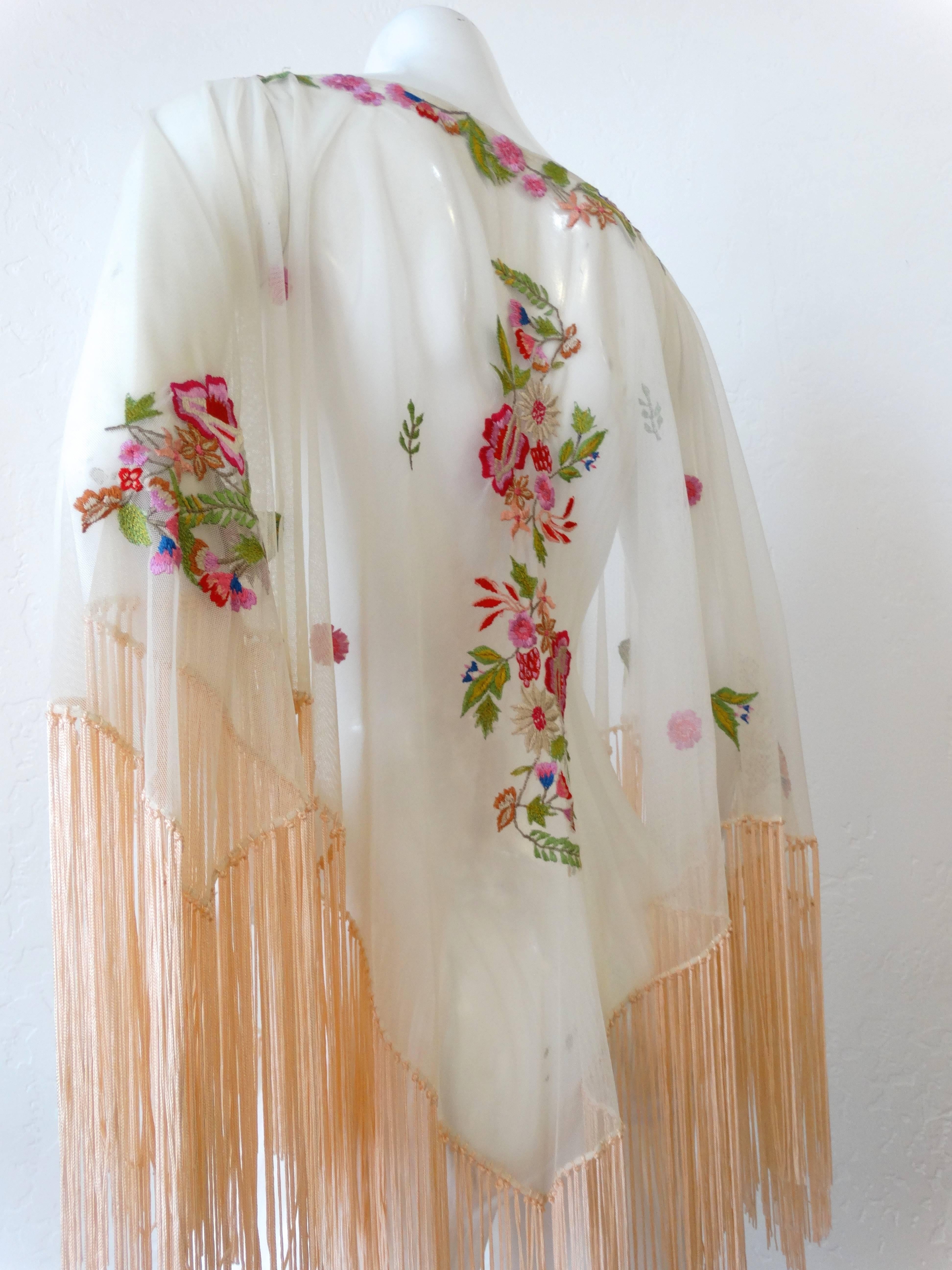 Exotic 1930s Sheer Tulle Hand Embroidered Floral Motif Piano Poncho  1