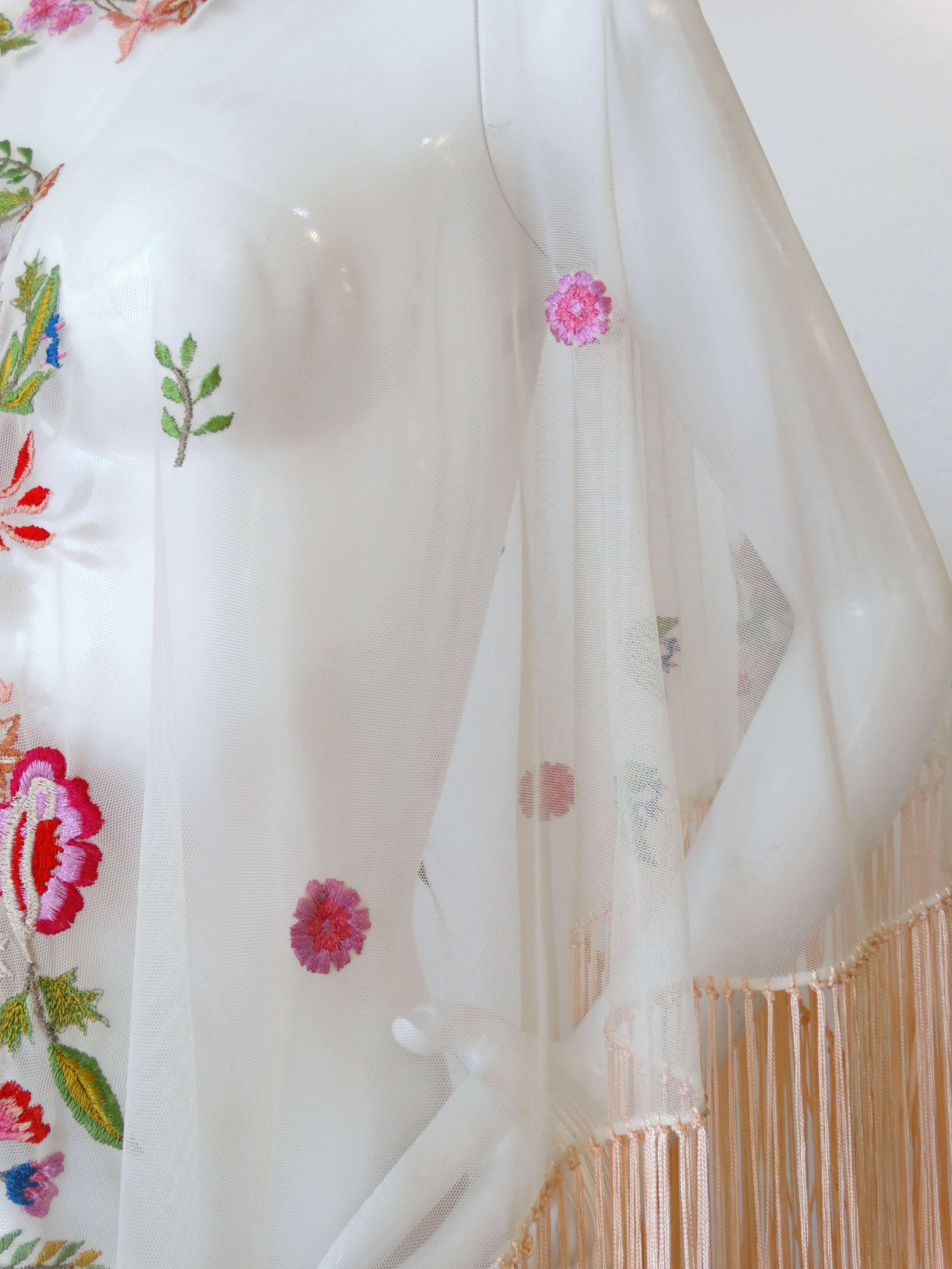 Exotic 1930s Sheer Tulle Hand Embroidered Floral Motif Piano Poncho  In Excellent Condition In Scottsdale, AZ