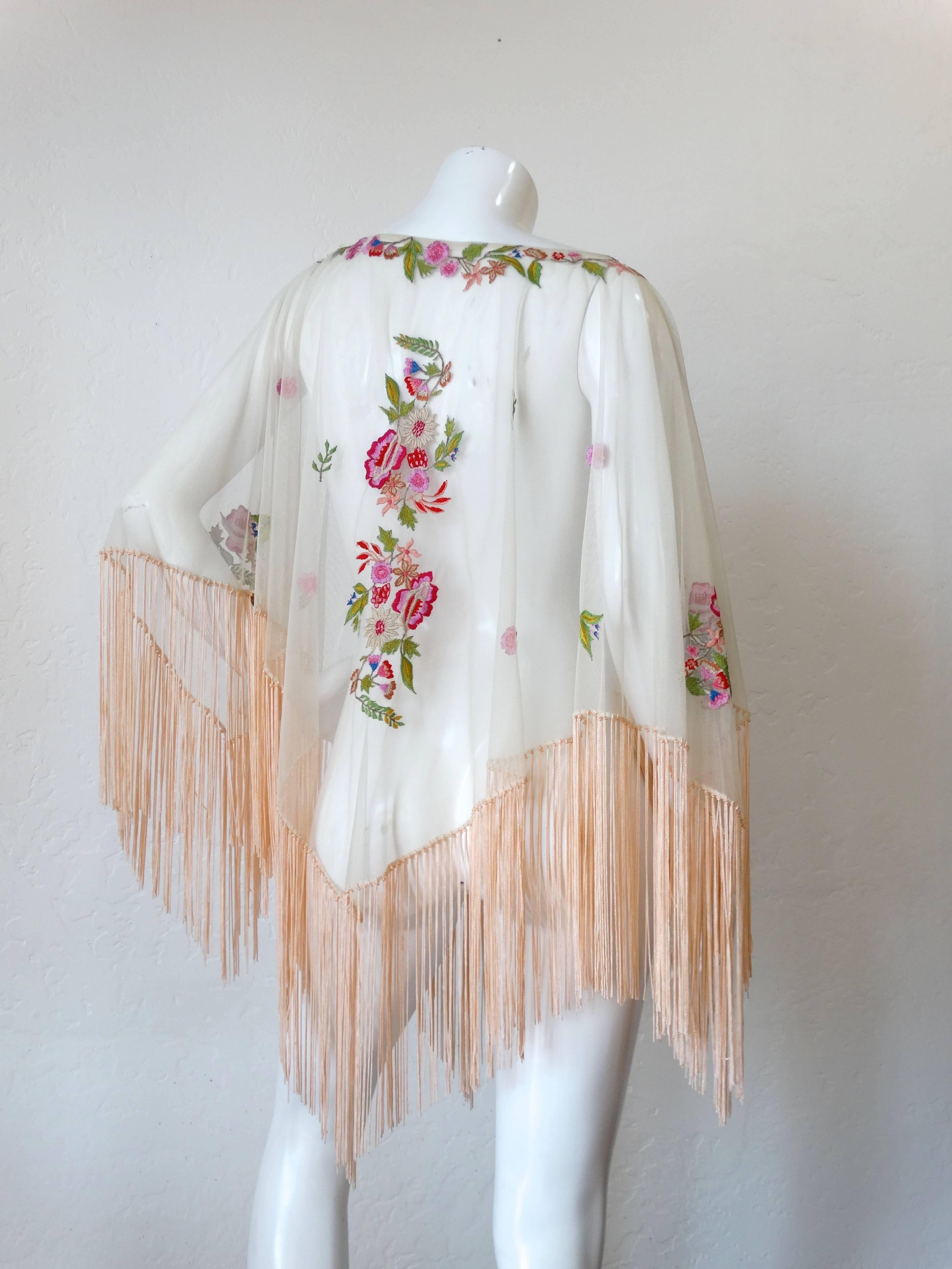 Exotic 1930s Sheer Tulle Hand Embroidered Floral Motif Piano Poncho  3