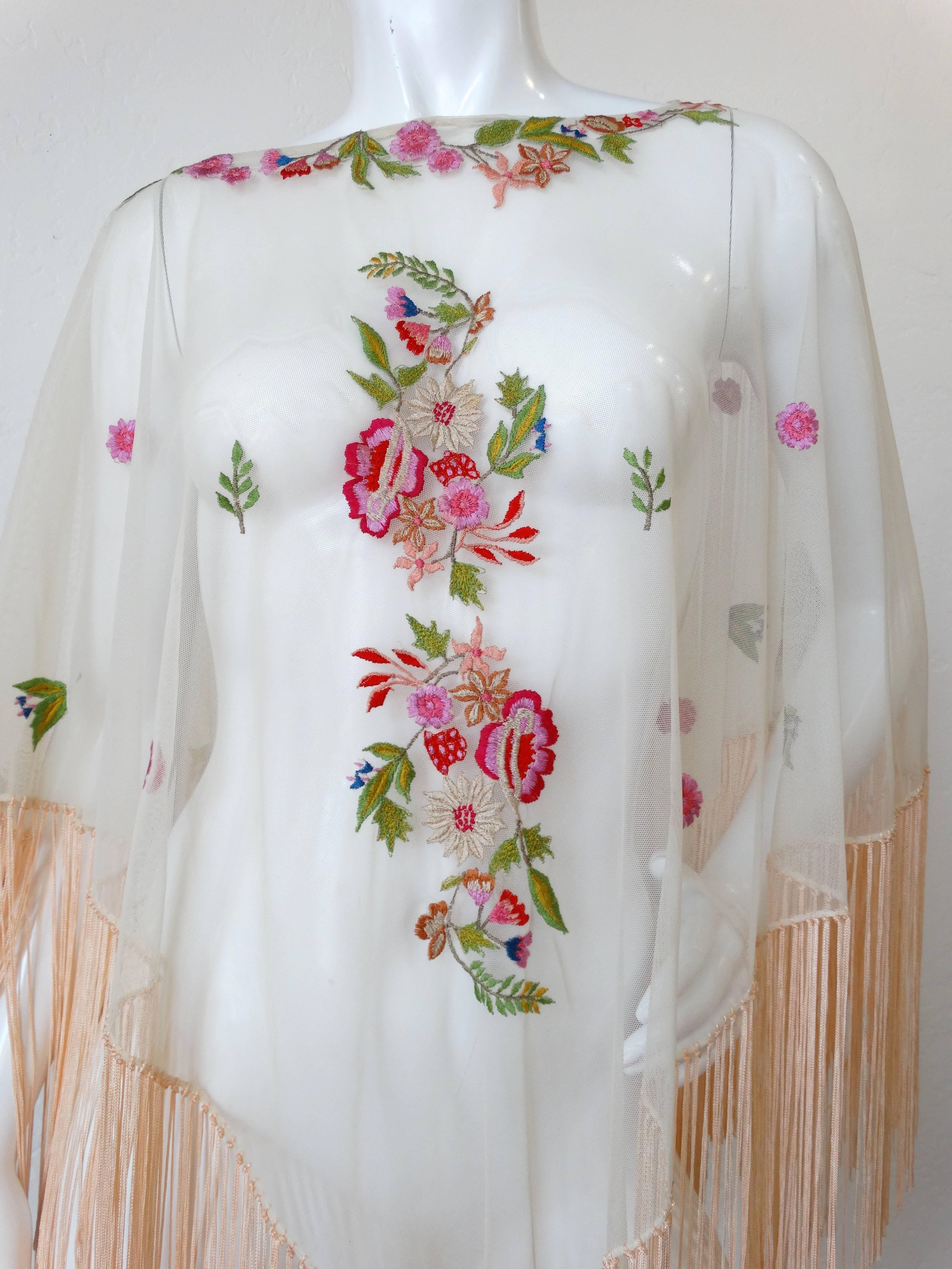 Women's Exotic 1930s Sheer Tulle Hand Embroidered Floral Motif Piano Poncho 